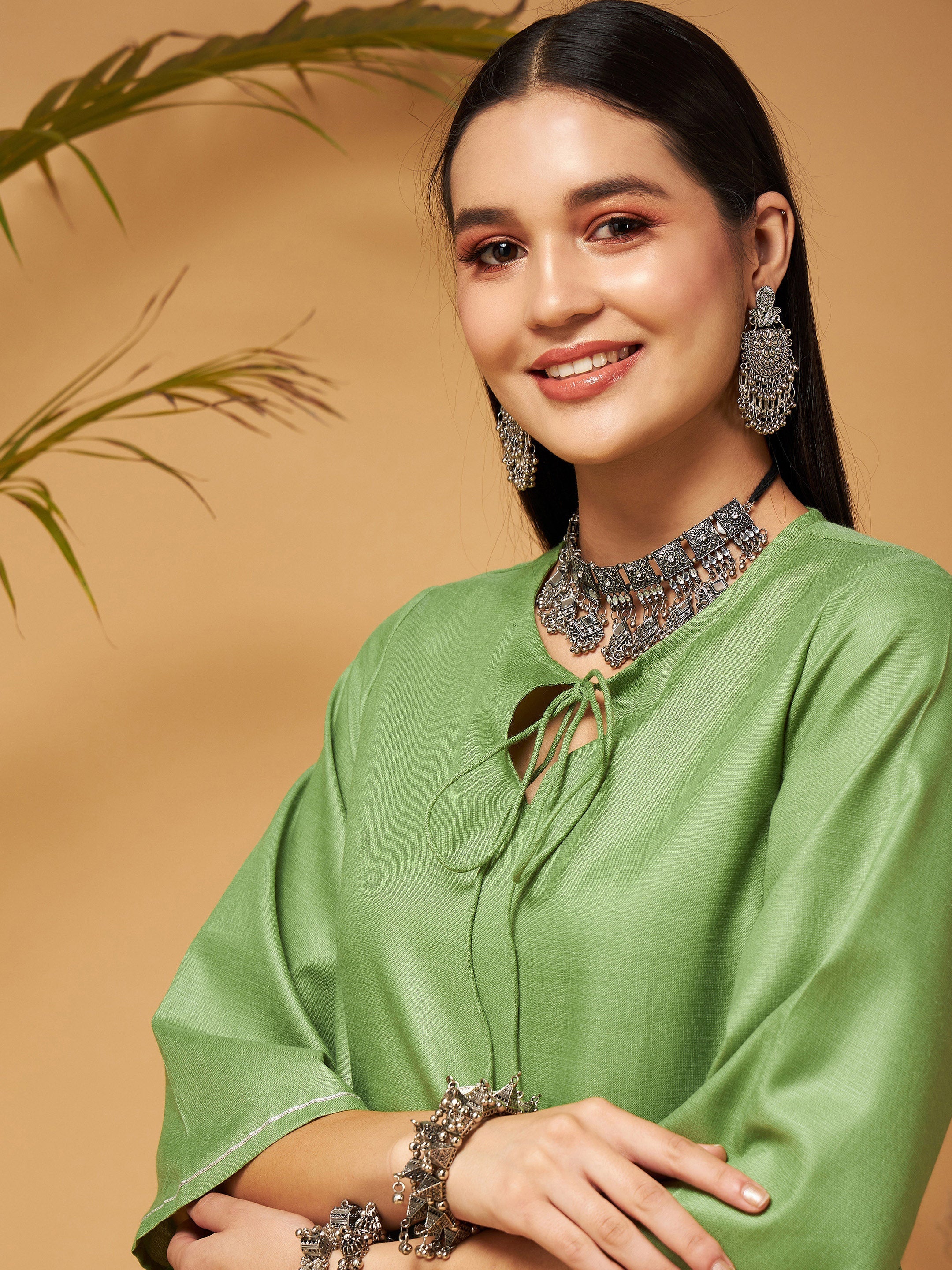 Women Green Peplum Gota Lace Top With Palazzos - Image 4