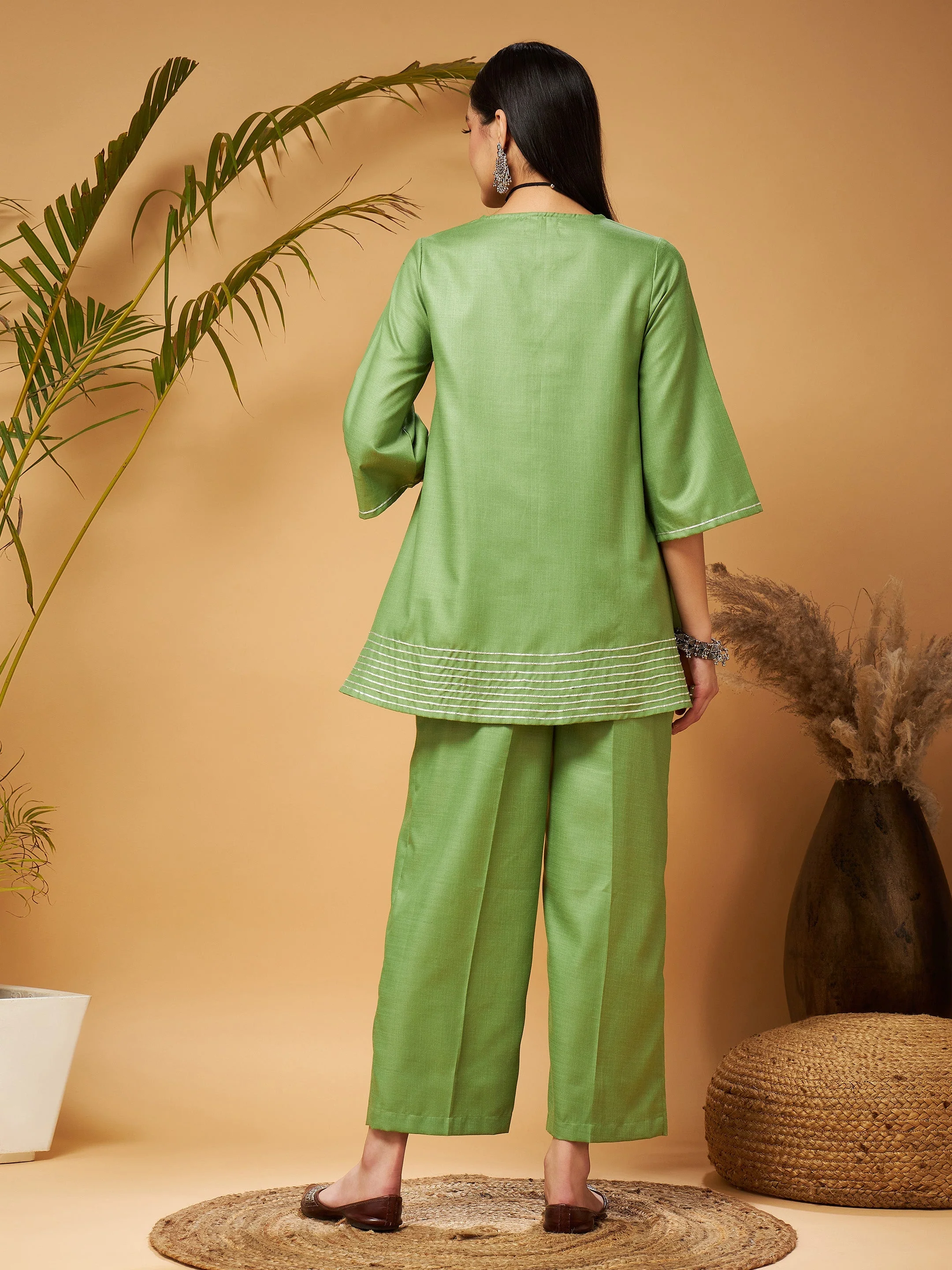 Women Green Peplum Gota Lace Top With Palazzos - Image 6