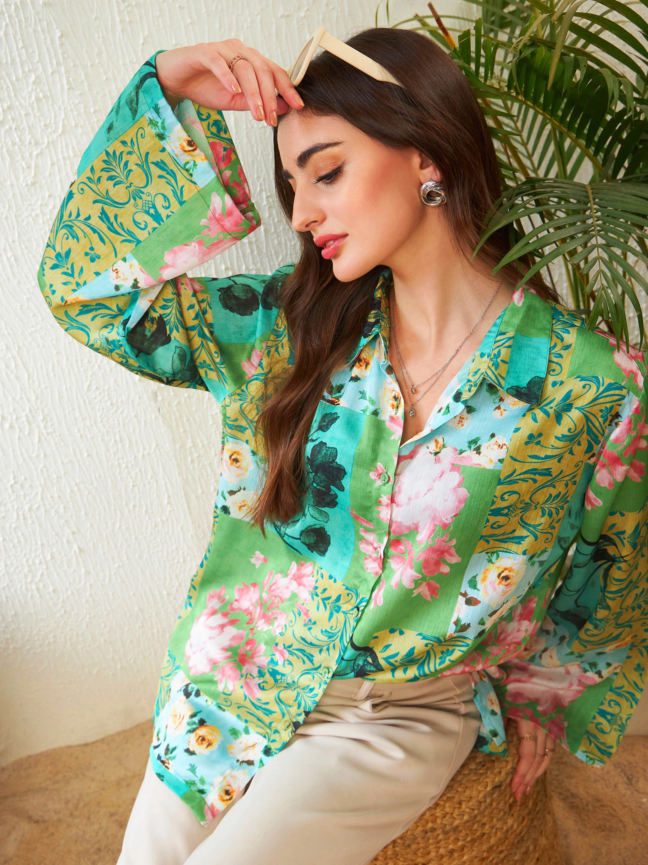 Women Green Placement Floral Oversized Shirt - Image 5