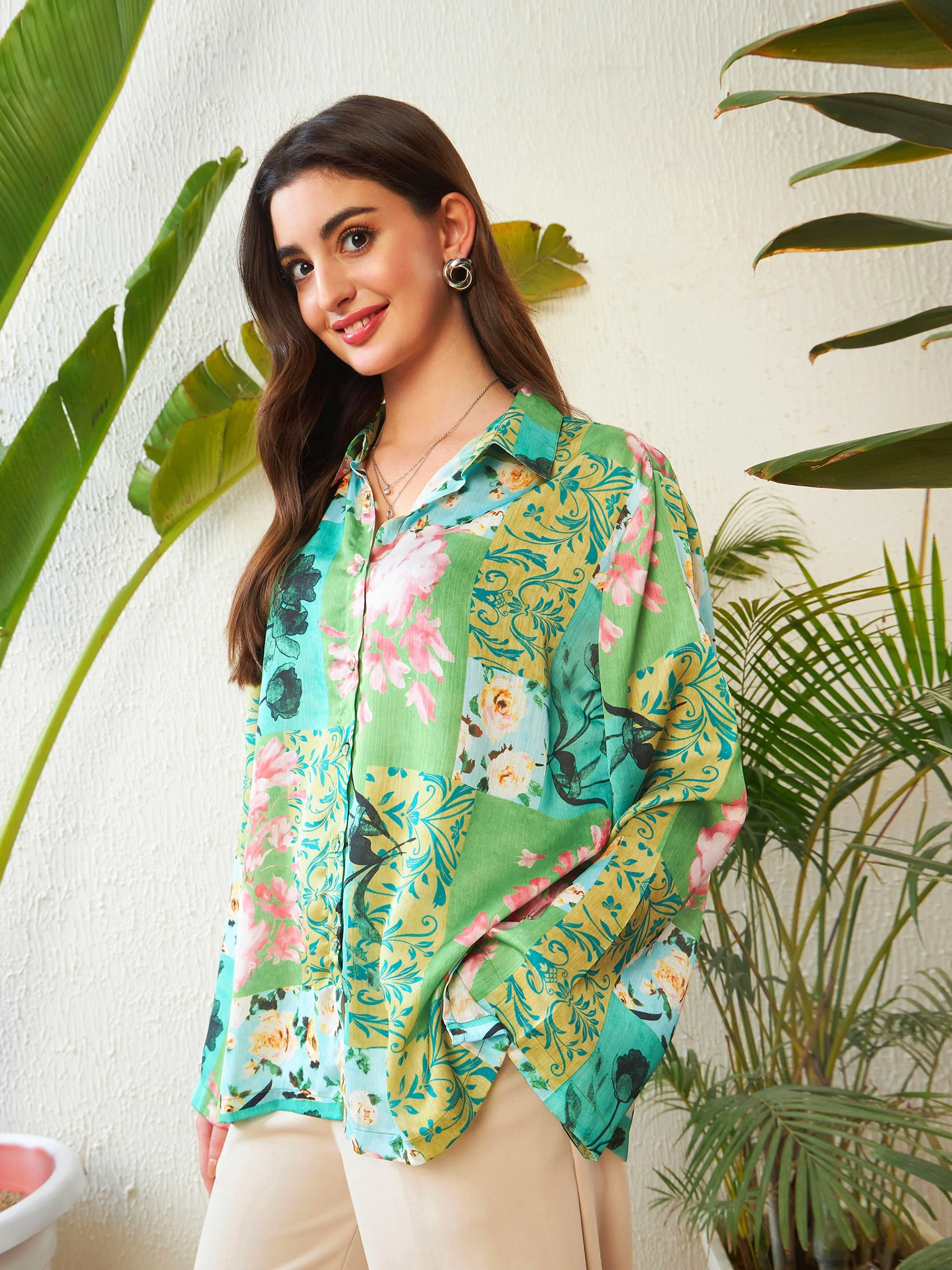 Women Green Placement Floral Oversized Shirt - Image 6