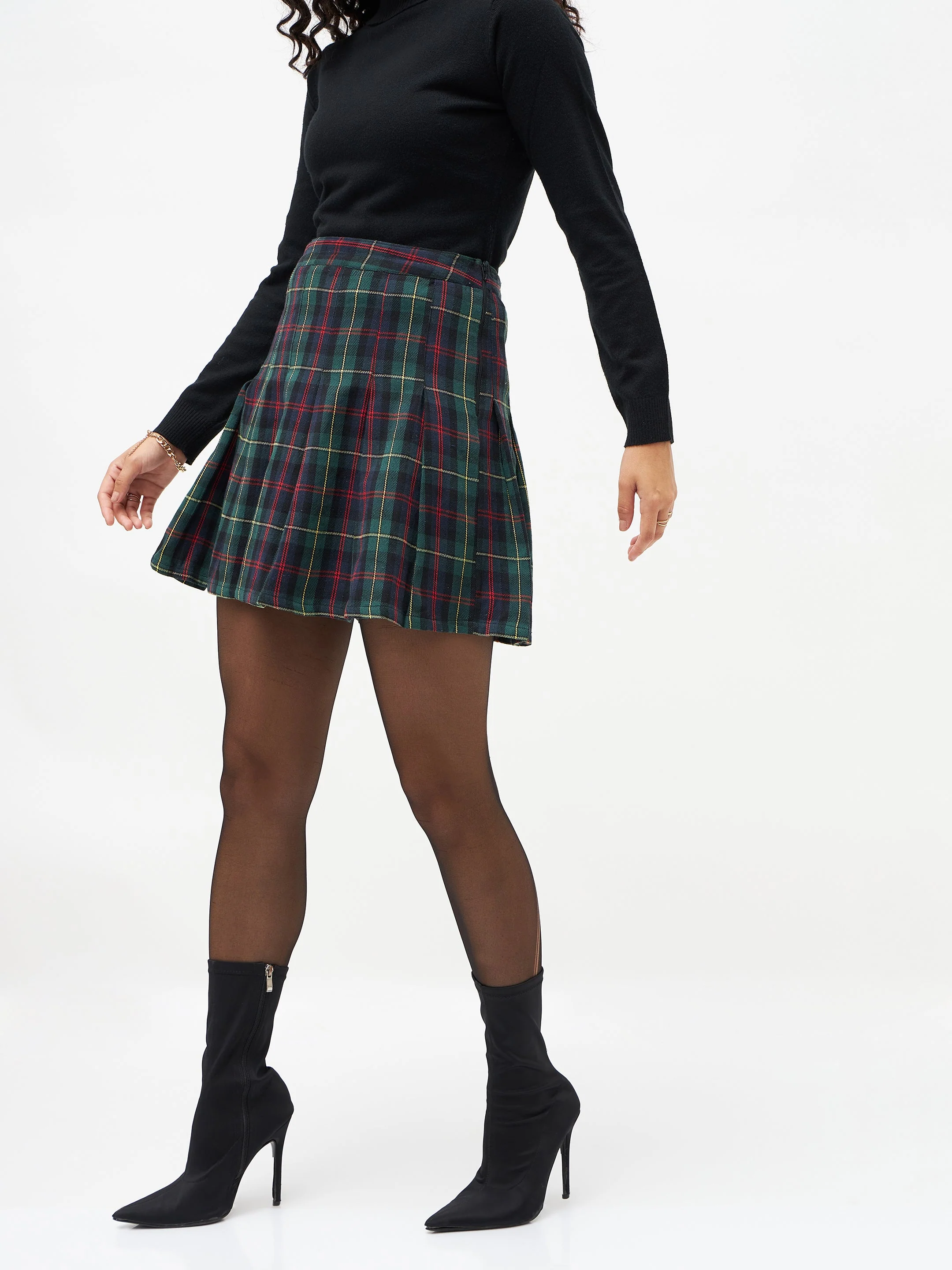 Women Green Plaid Check Mini Skirt - Image 3