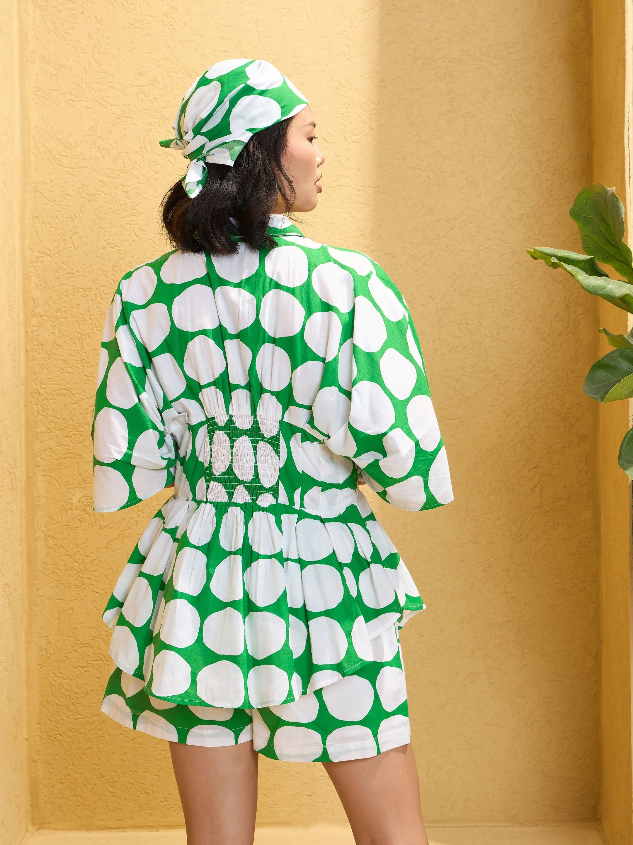 Women Green Polka Dot Shirt with Shorts - Image 2