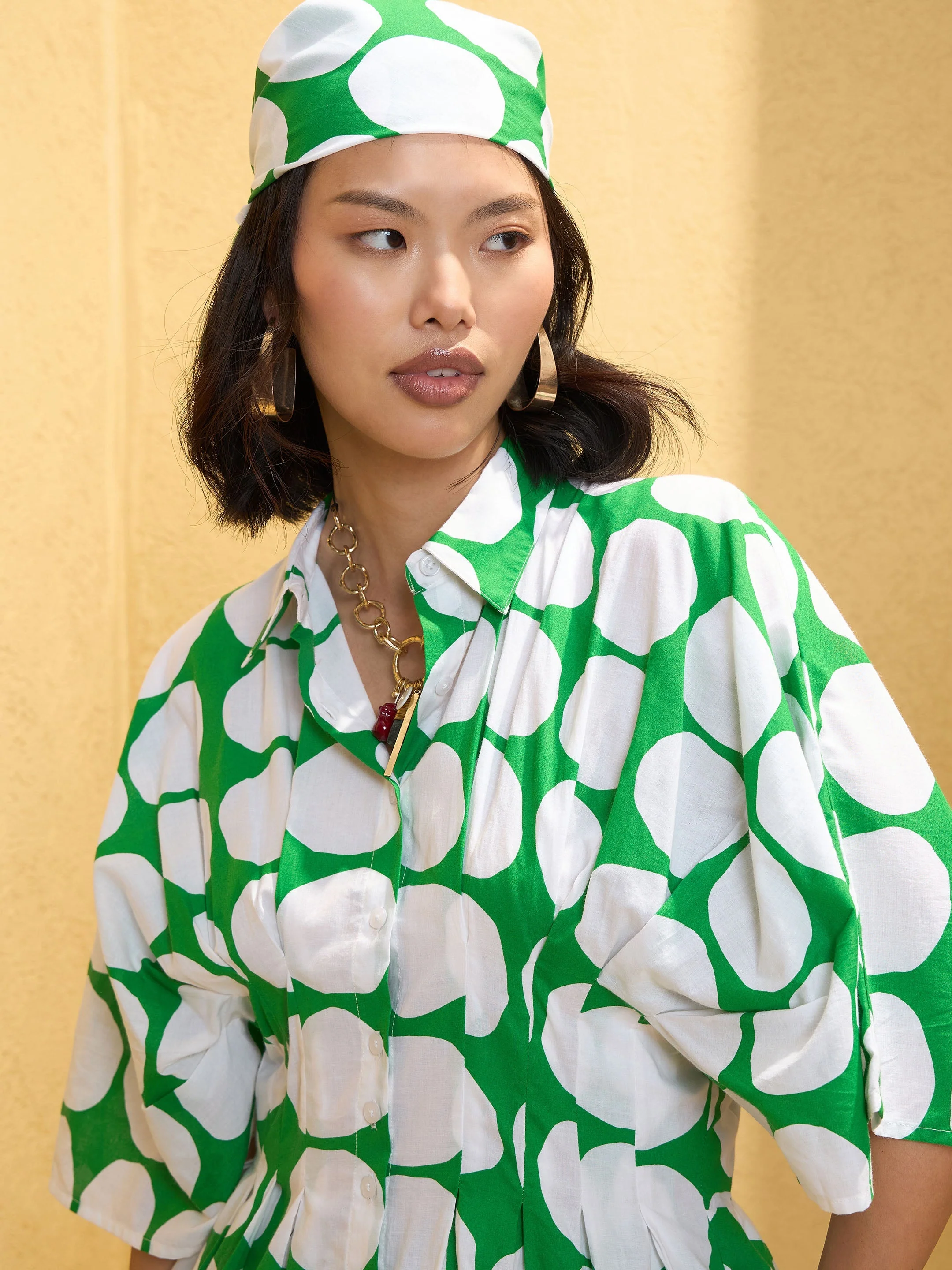 Women Green Polka Dot Shirt with Shorts - Image 3