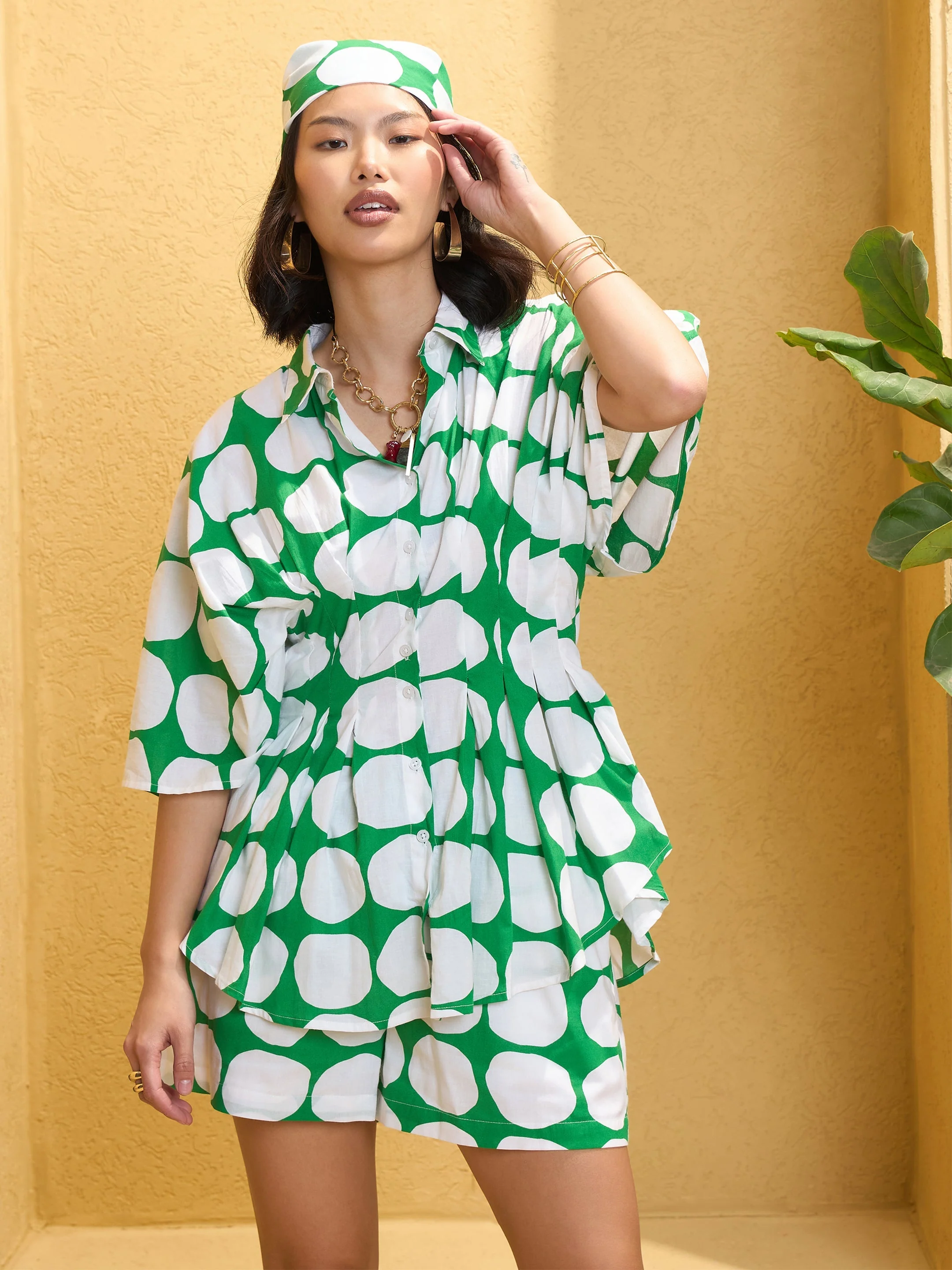 Women Green Polka Dot Shirt with Shorts - Image 4
