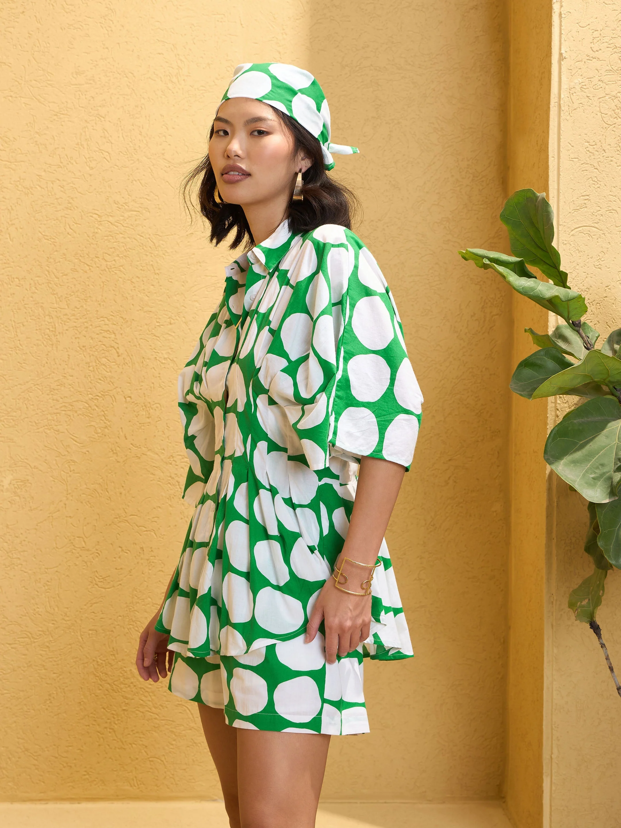 Women Green Polka Dot Shirt with Shorts - Image 5
