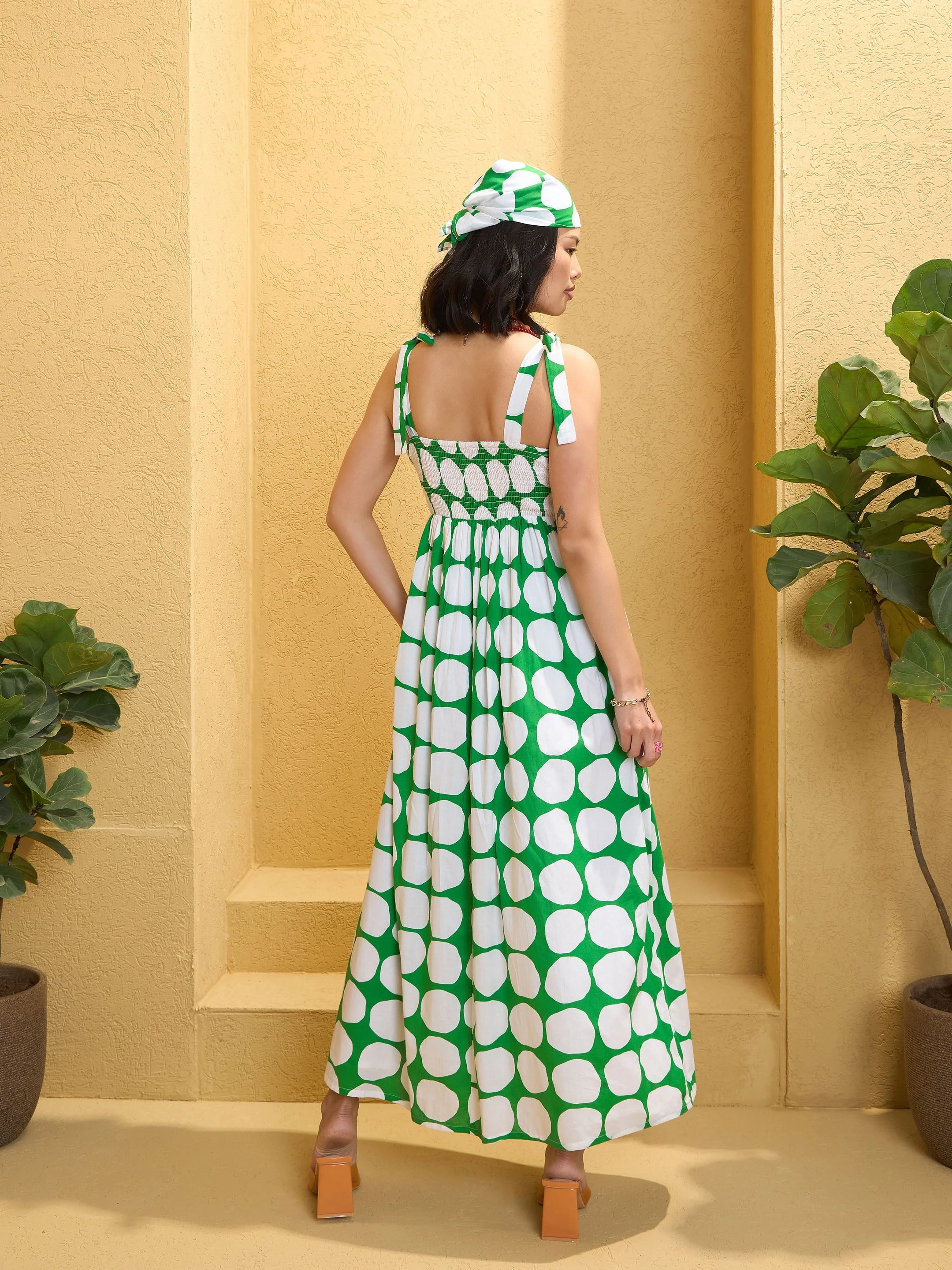 Women Green Polka Dot Shoulder Knot Maxi Dress - Image 2