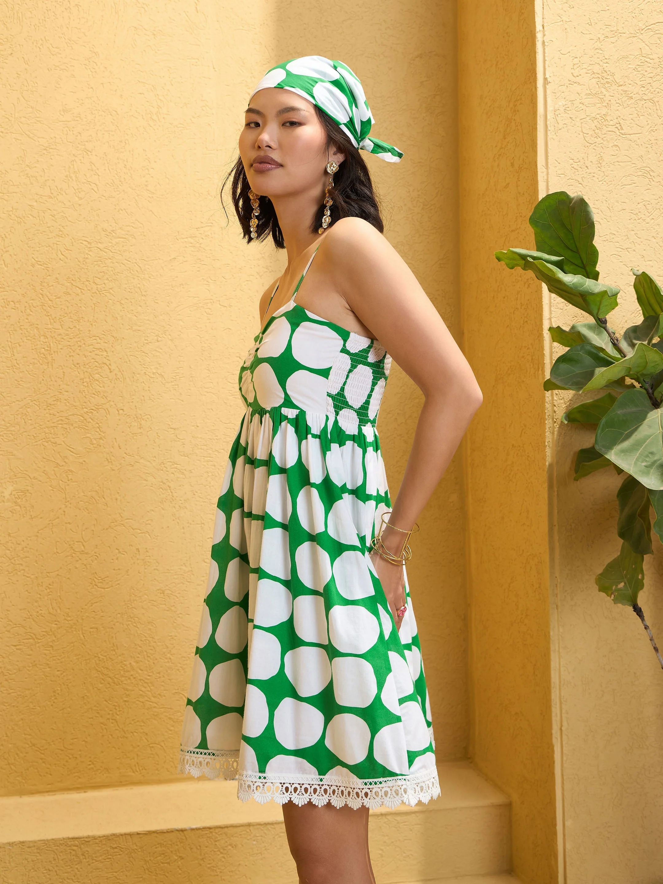 Women Green Polka Dot Strappy Short Dress - Image 4