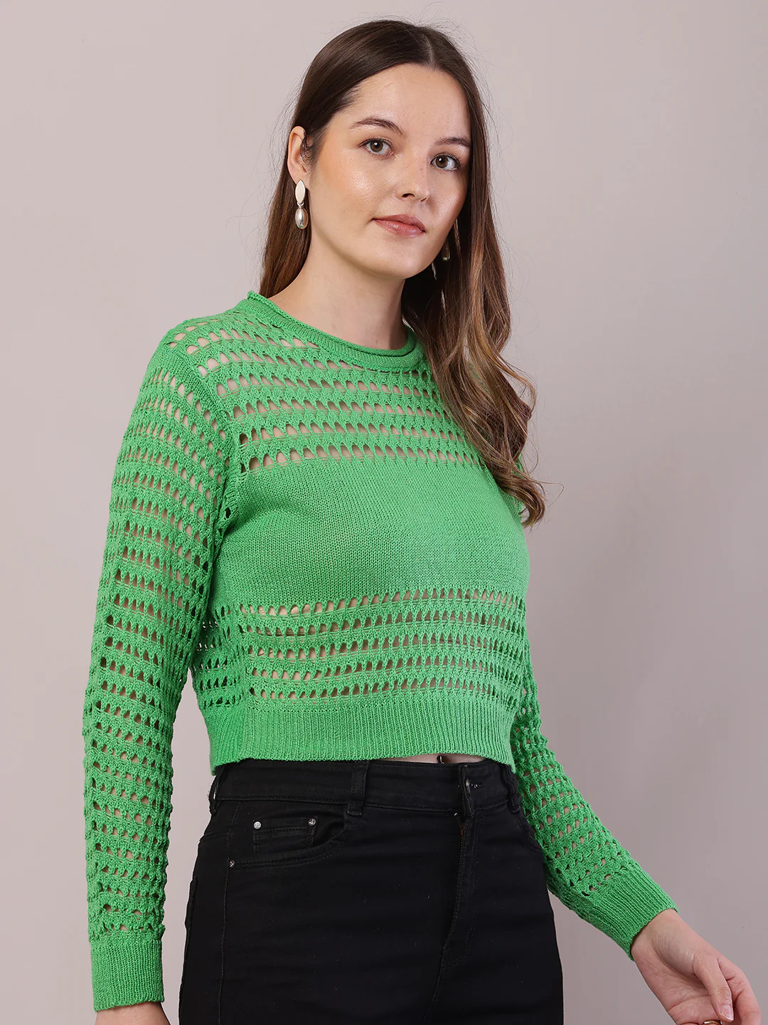 Women Green Polyester Crochet Full Sleeve Sweater - Image 2