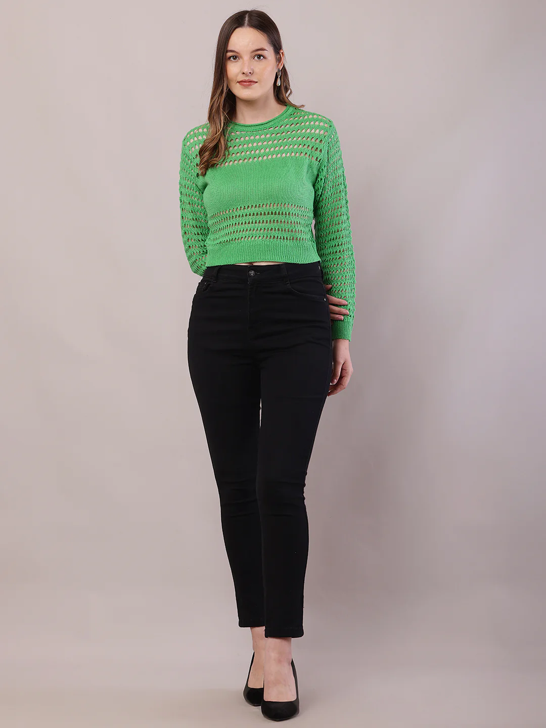 Women Green Polyester Crochet Full Sleeve Sweater - Image 3
