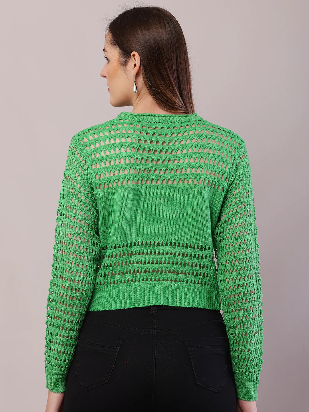 Women Green Polyester Crochet Full Sleeve Sweater - Image 4