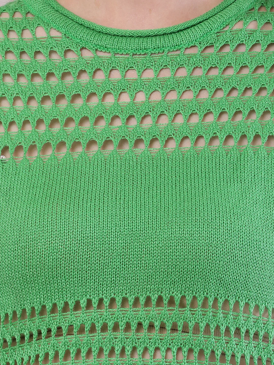 Women Green Polyester Crochet Full Sleeve Sweater - Image 5