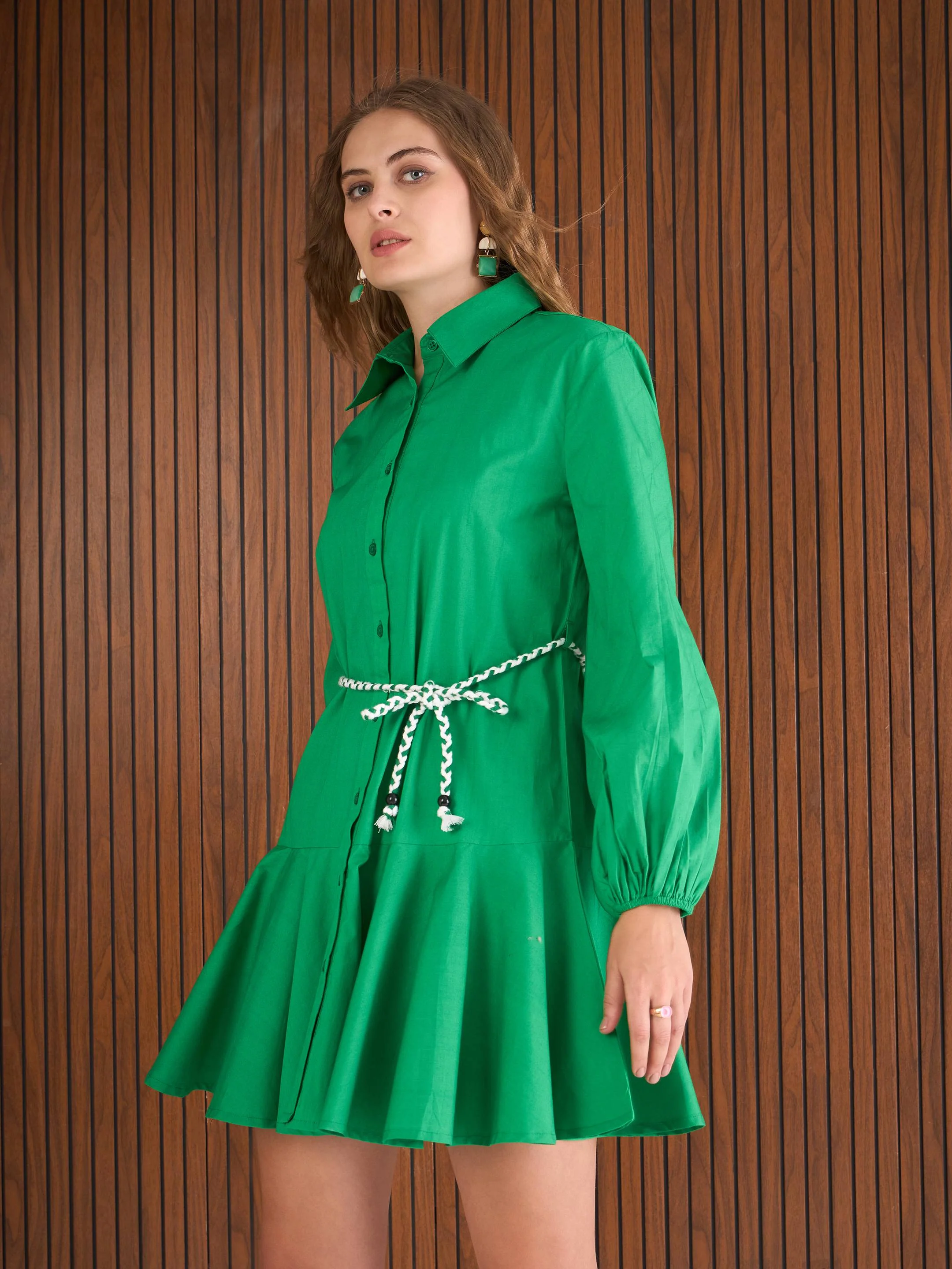Women Green Poplin Flared Skater Dress - Image 3