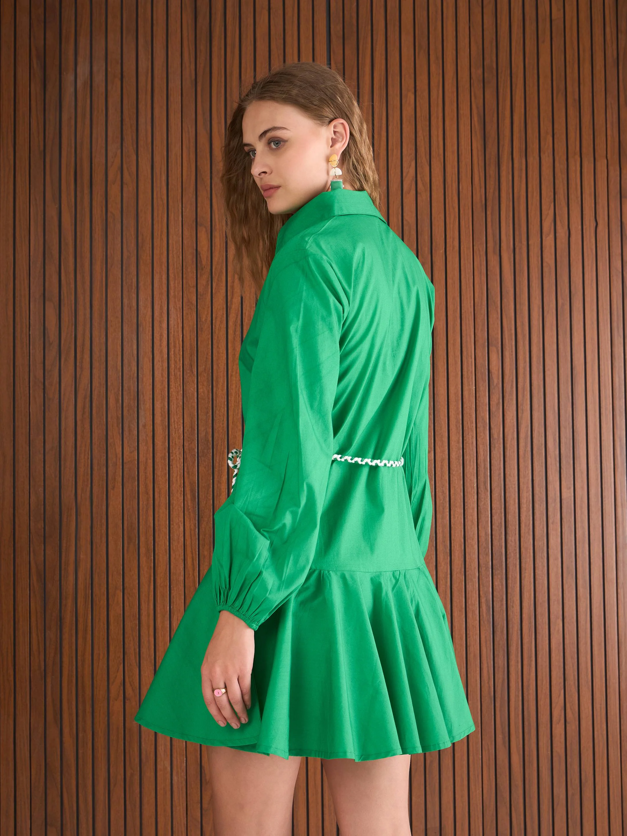 Women Green Poplin Flared Skater Dress - Image 5