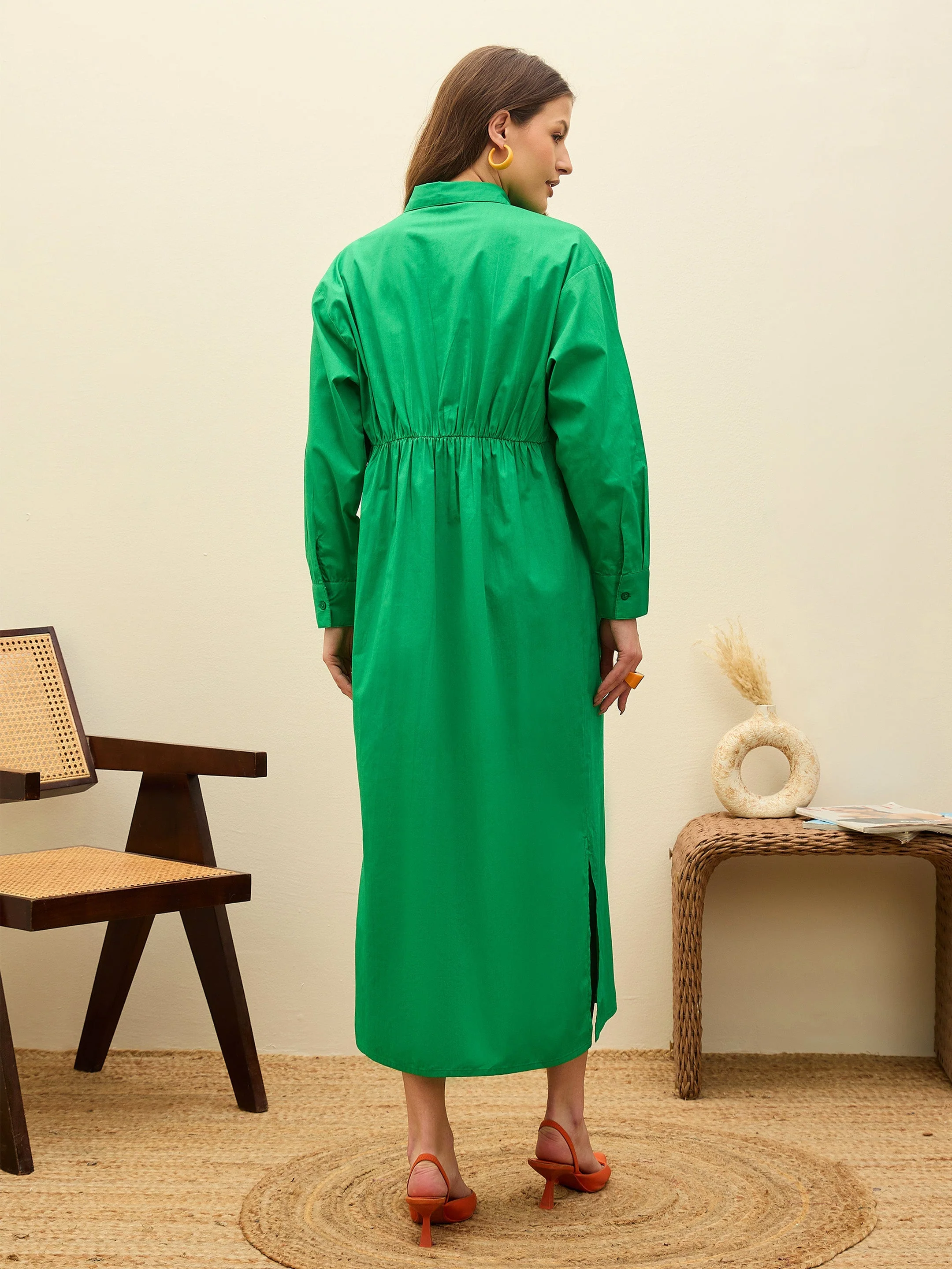 Women Green Poplin Longline Shirt Dress - Image 2