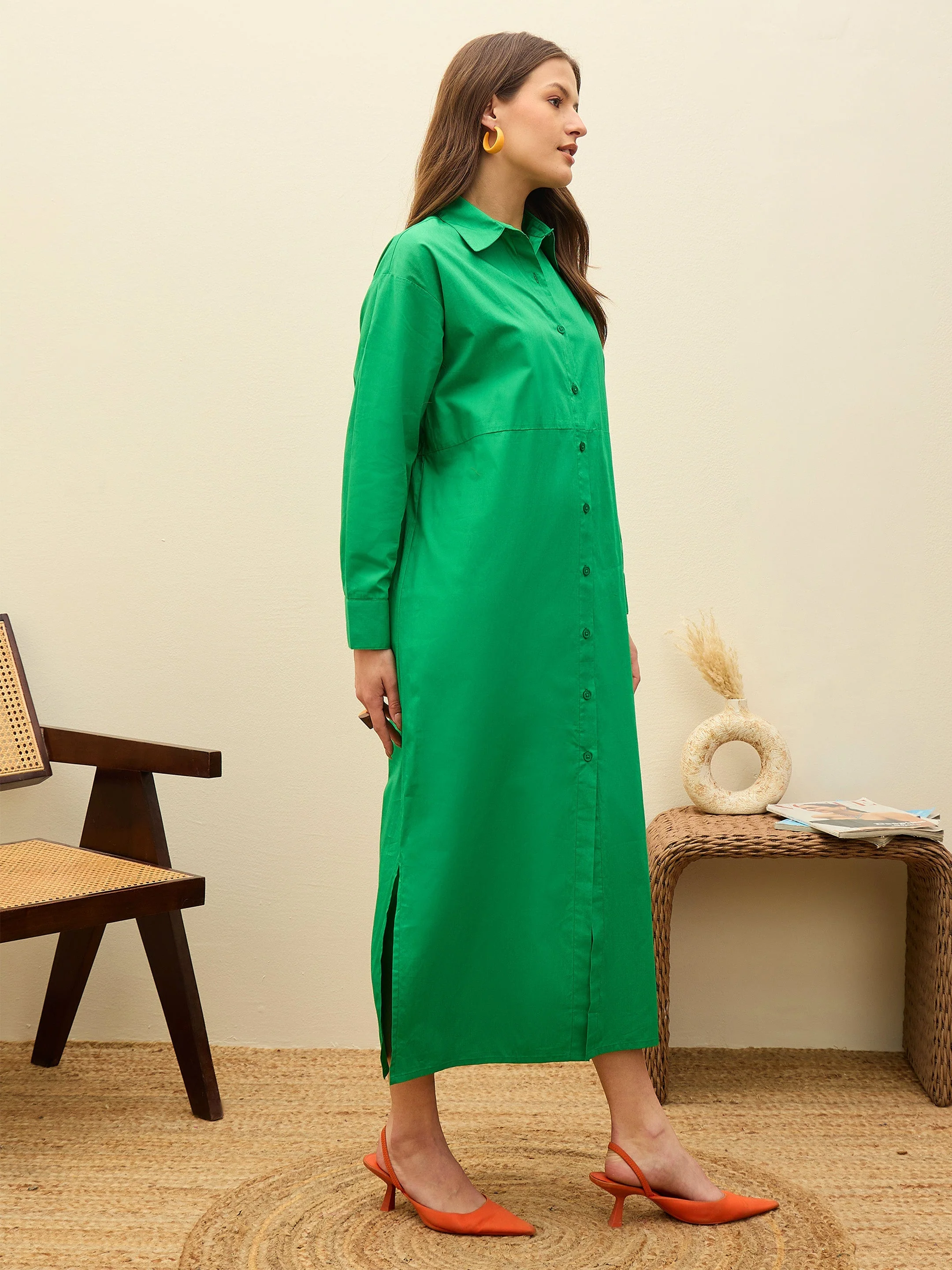 Women Green Poplin Longline Shirt Dress - Image 5