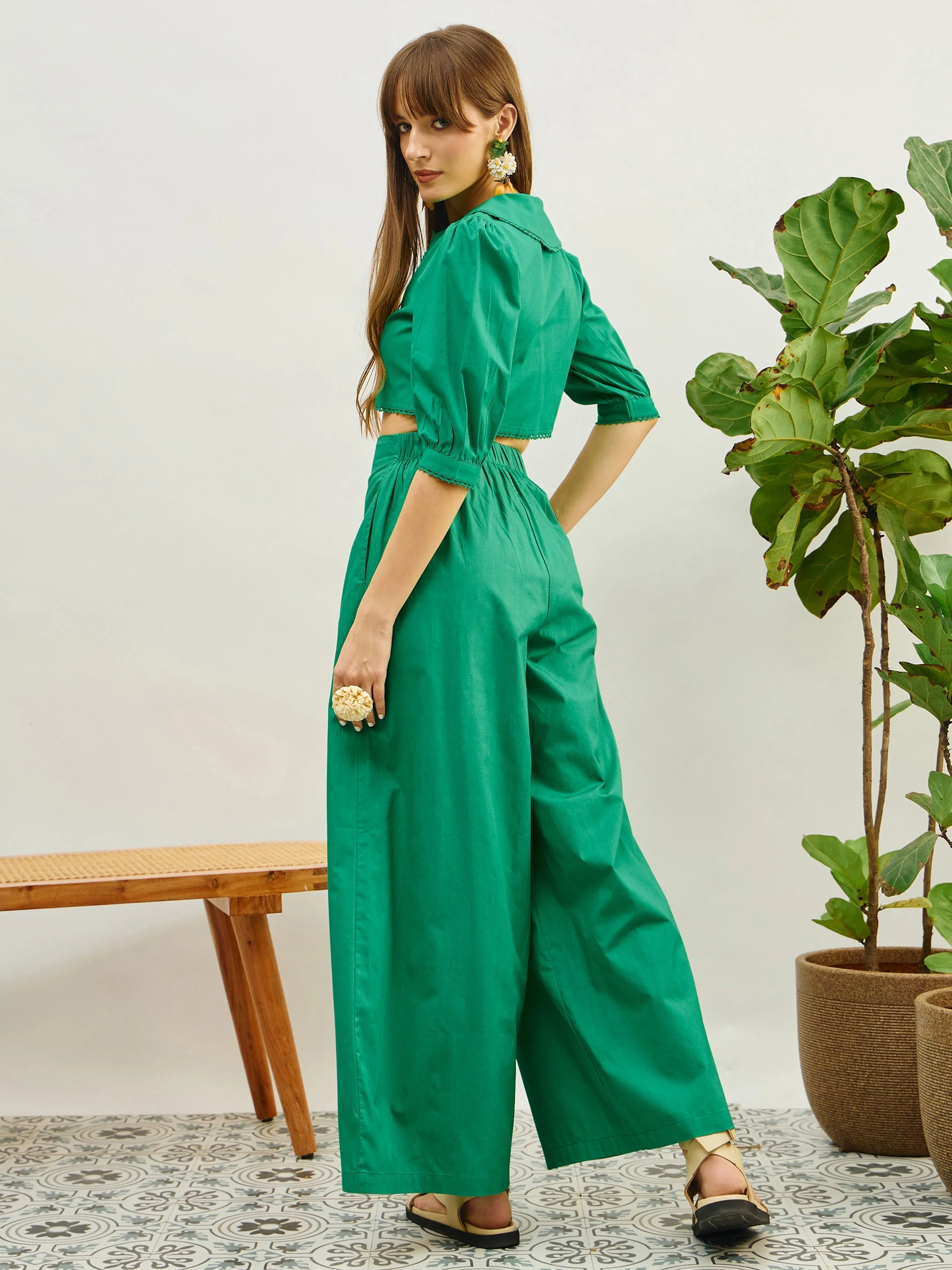 Women Green Poplin Peterpan Collar Top With Flared Pants - Image 2