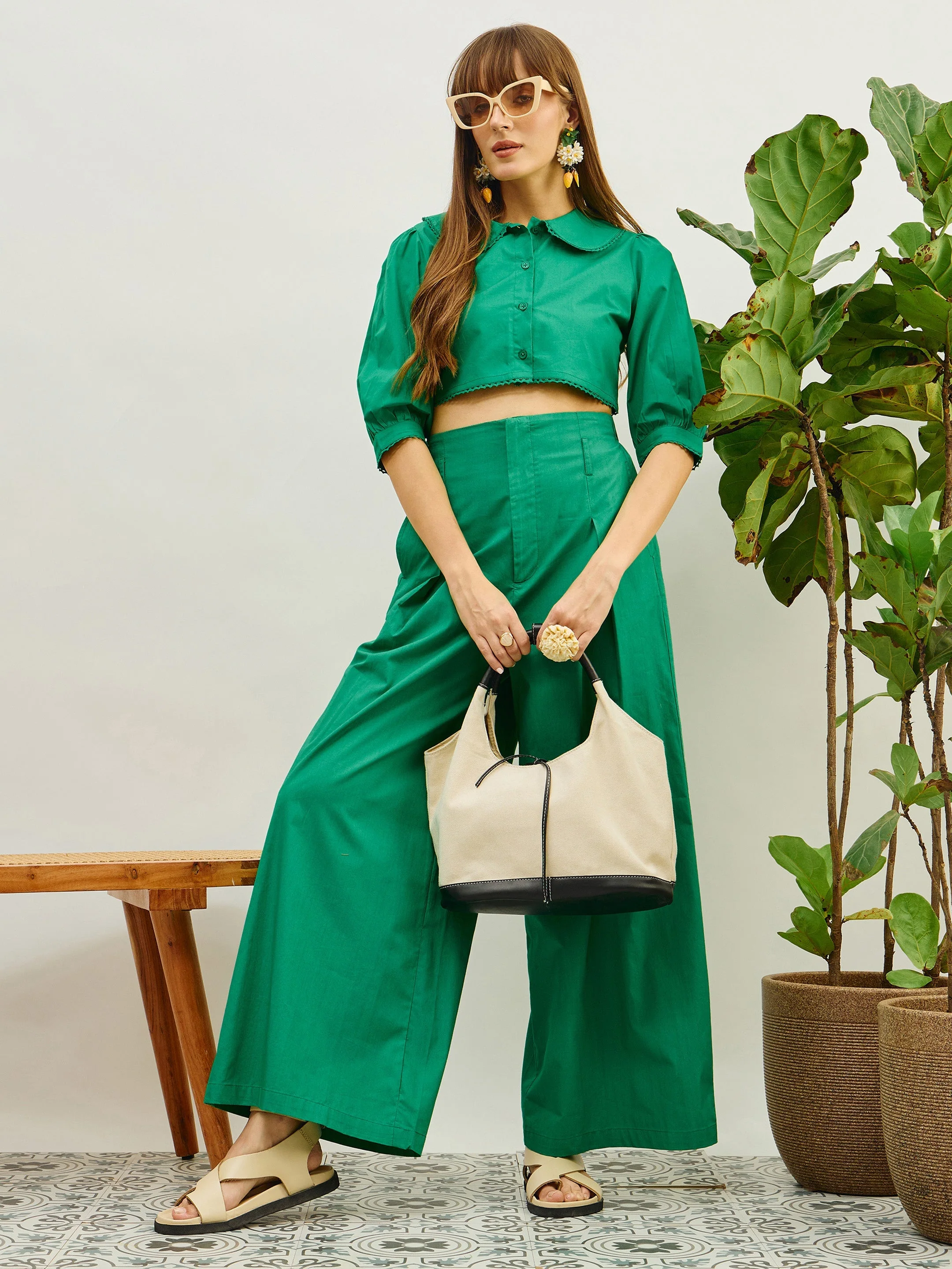 Women Green Poplin Peterpan Collar Top With Flared Pants - Image 5