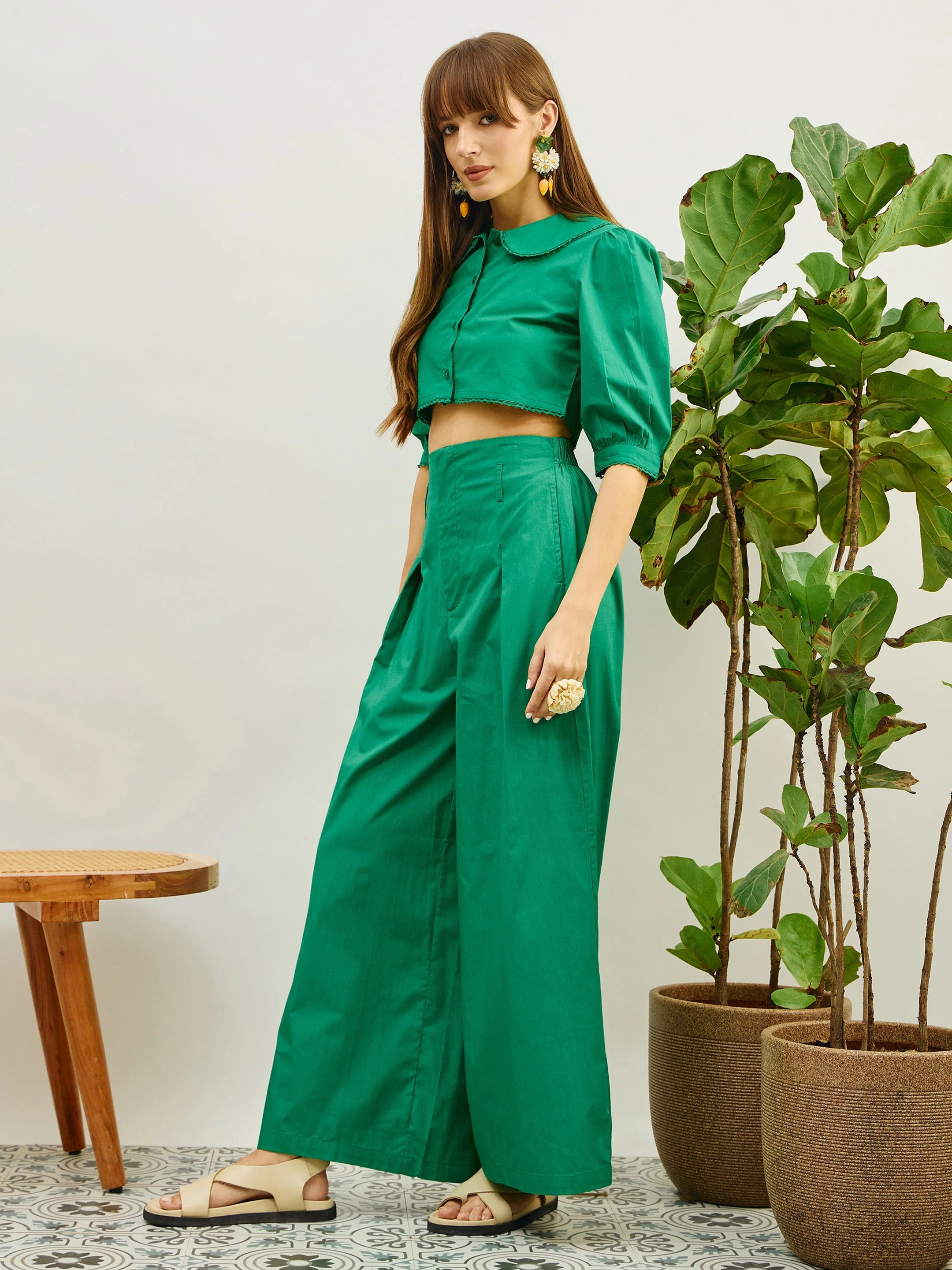 Women Green Poplin Peterpan Collar Top With Flared Pants - Image 6