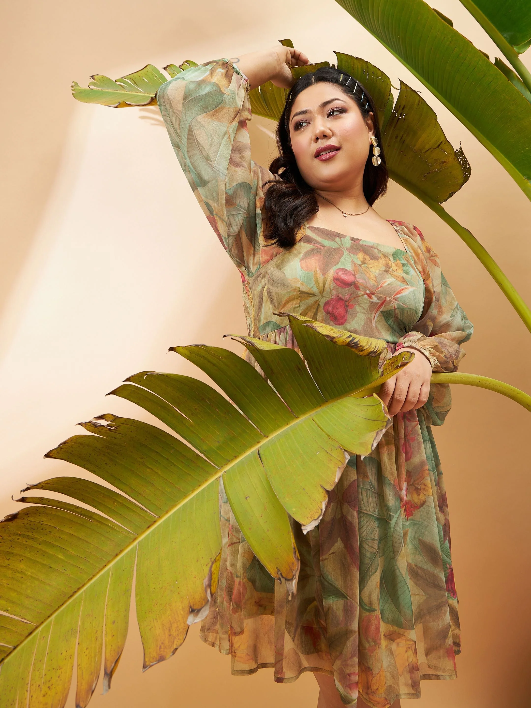 Women Green Printed Back Smocking Skater Dress - Image 2