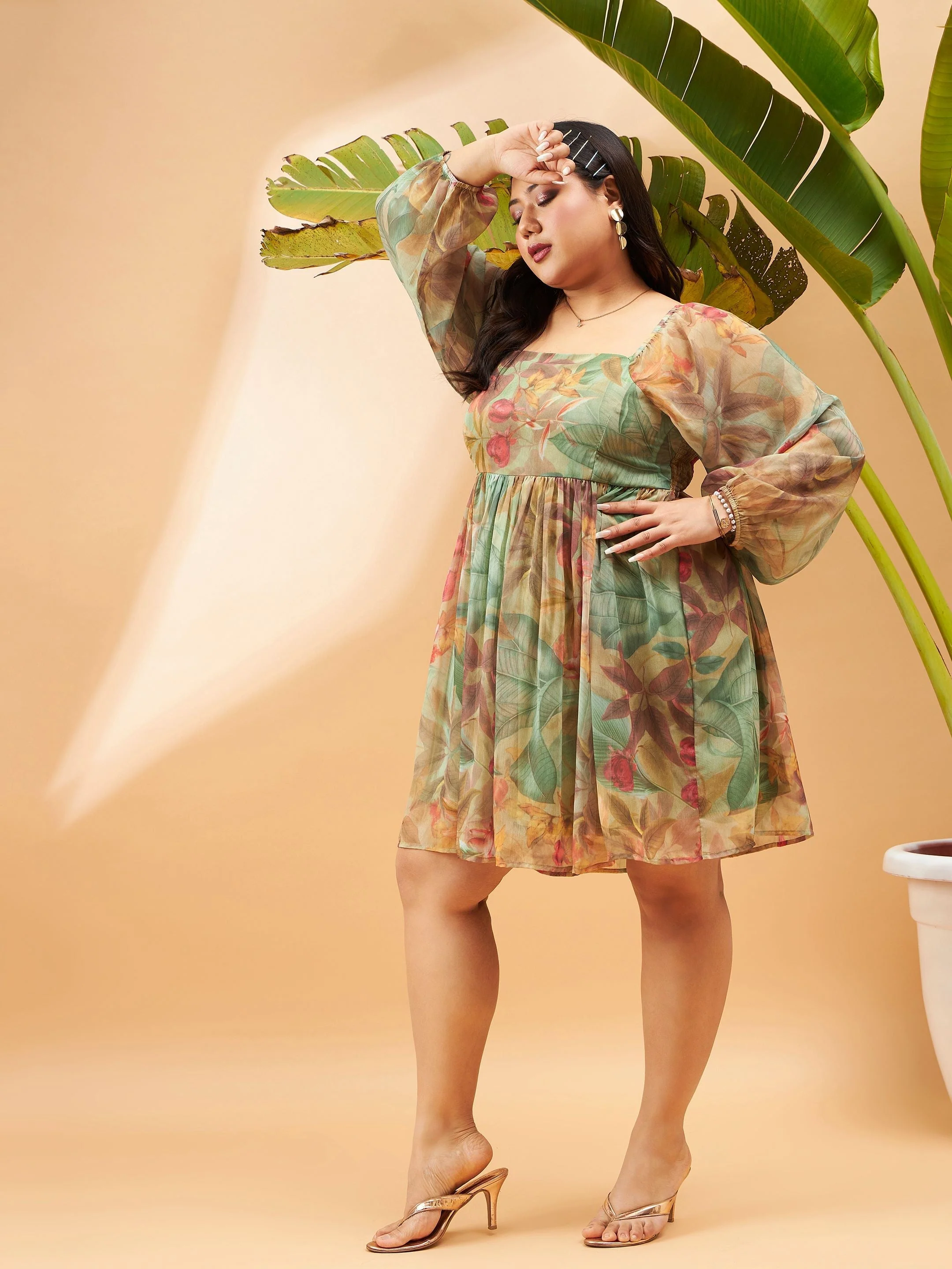 Women Green Printed Back Smocking Skater Dress - Image 3