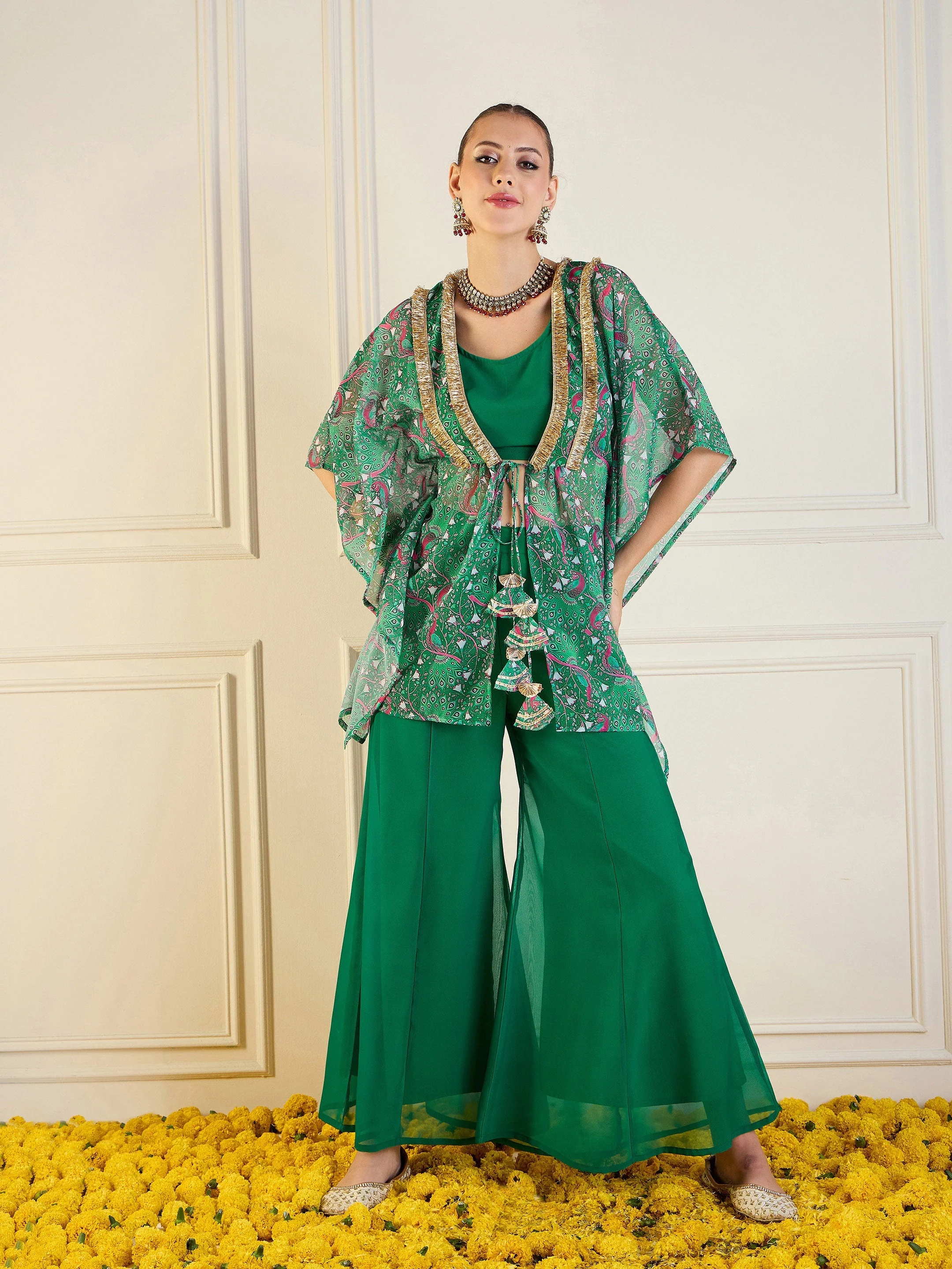 Women Green Printed Cape With Flared Pants & Crop Top - Image 2