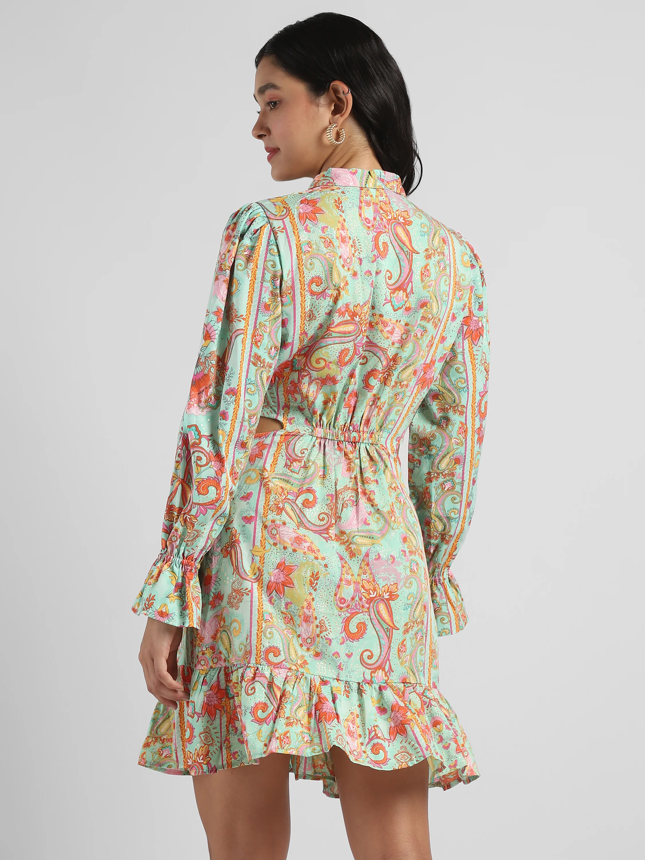 Women Pistachio Green Printed Fit & Flare dress with waist cut out - Image 2