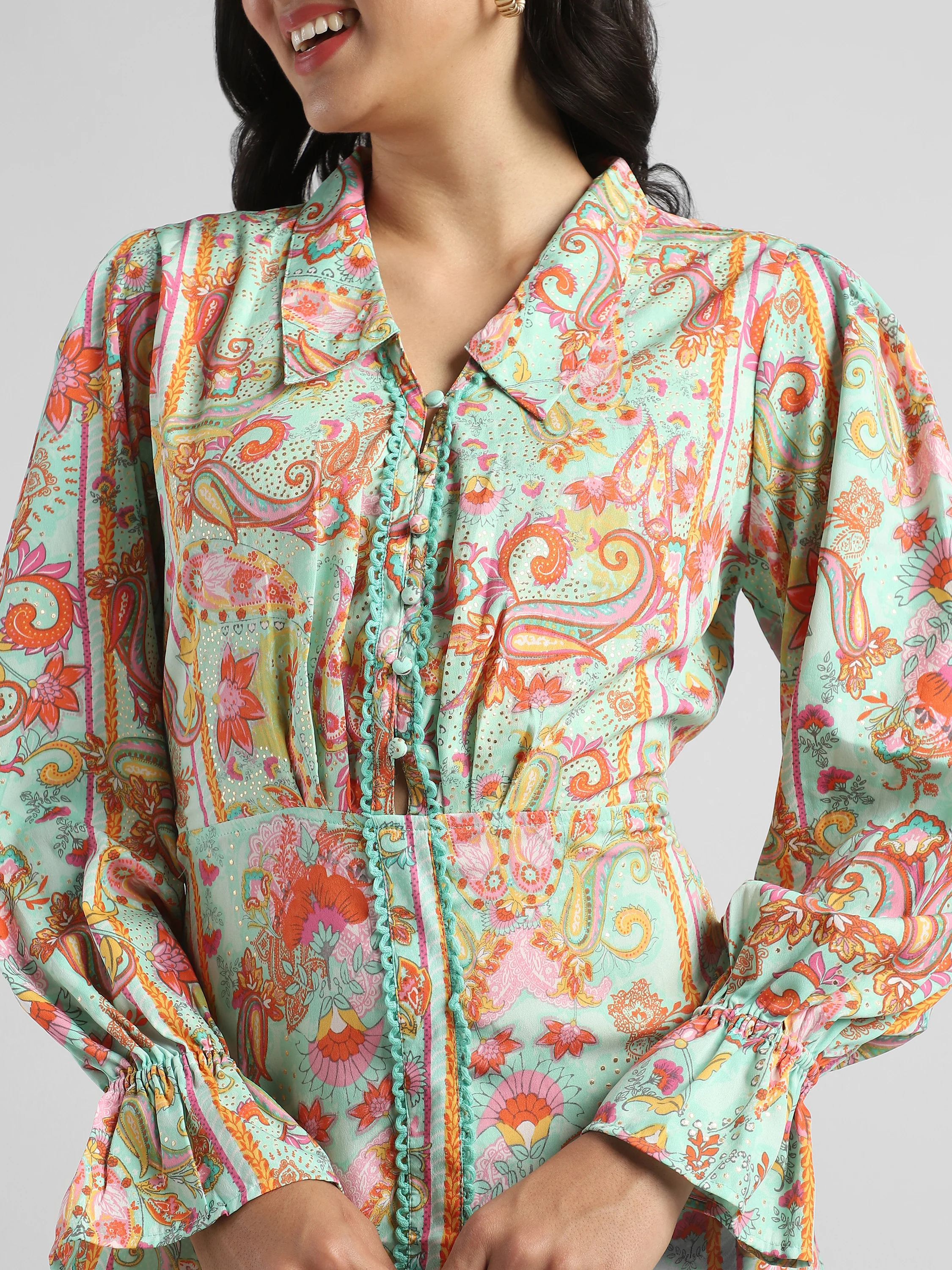 Women Pistachio Green Printed Fit & Flare dress with waist cut out - Image 3