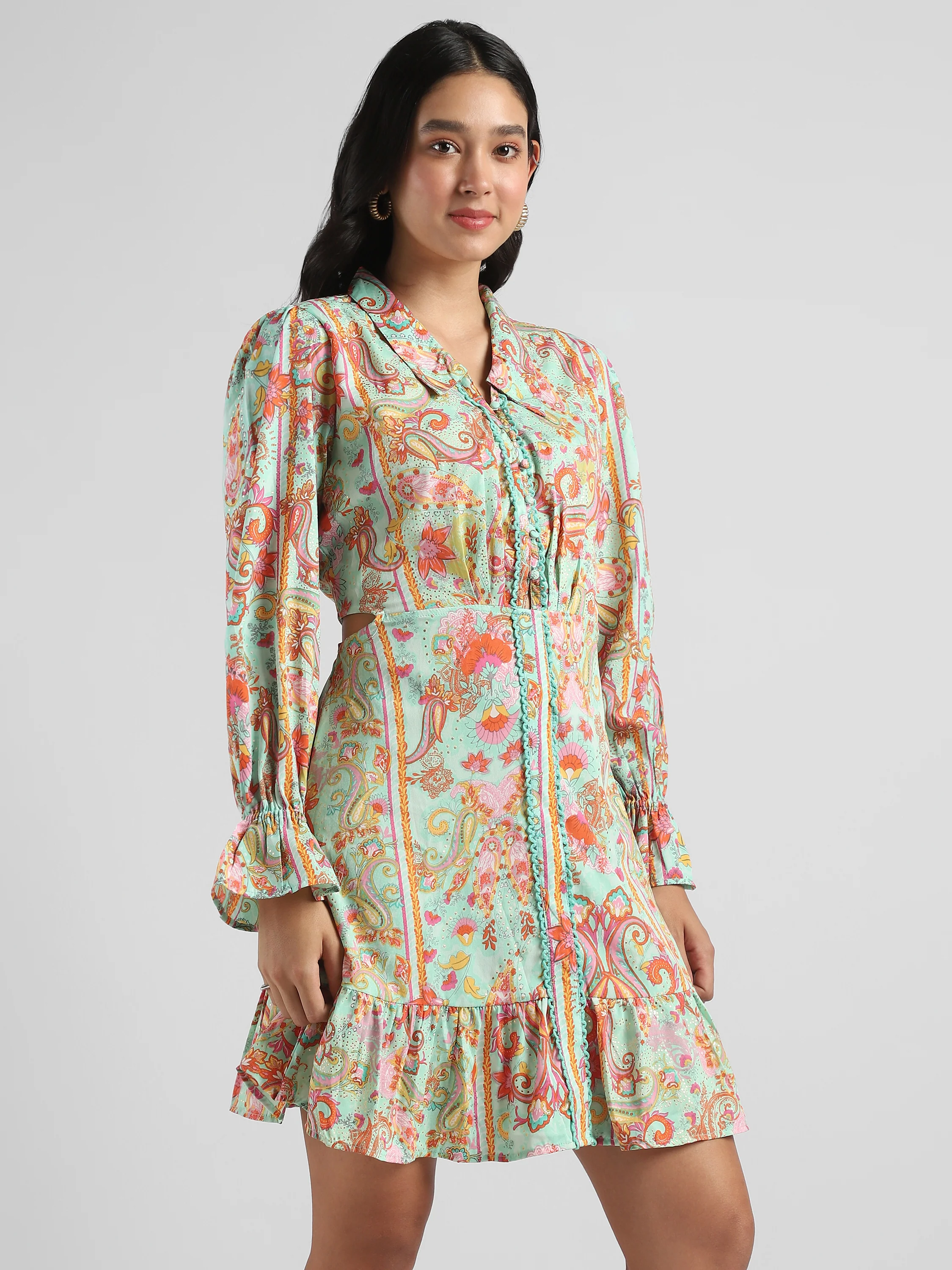 Women Pistachio Green Printed Fit & Flare dress with waist cut out - Image 4