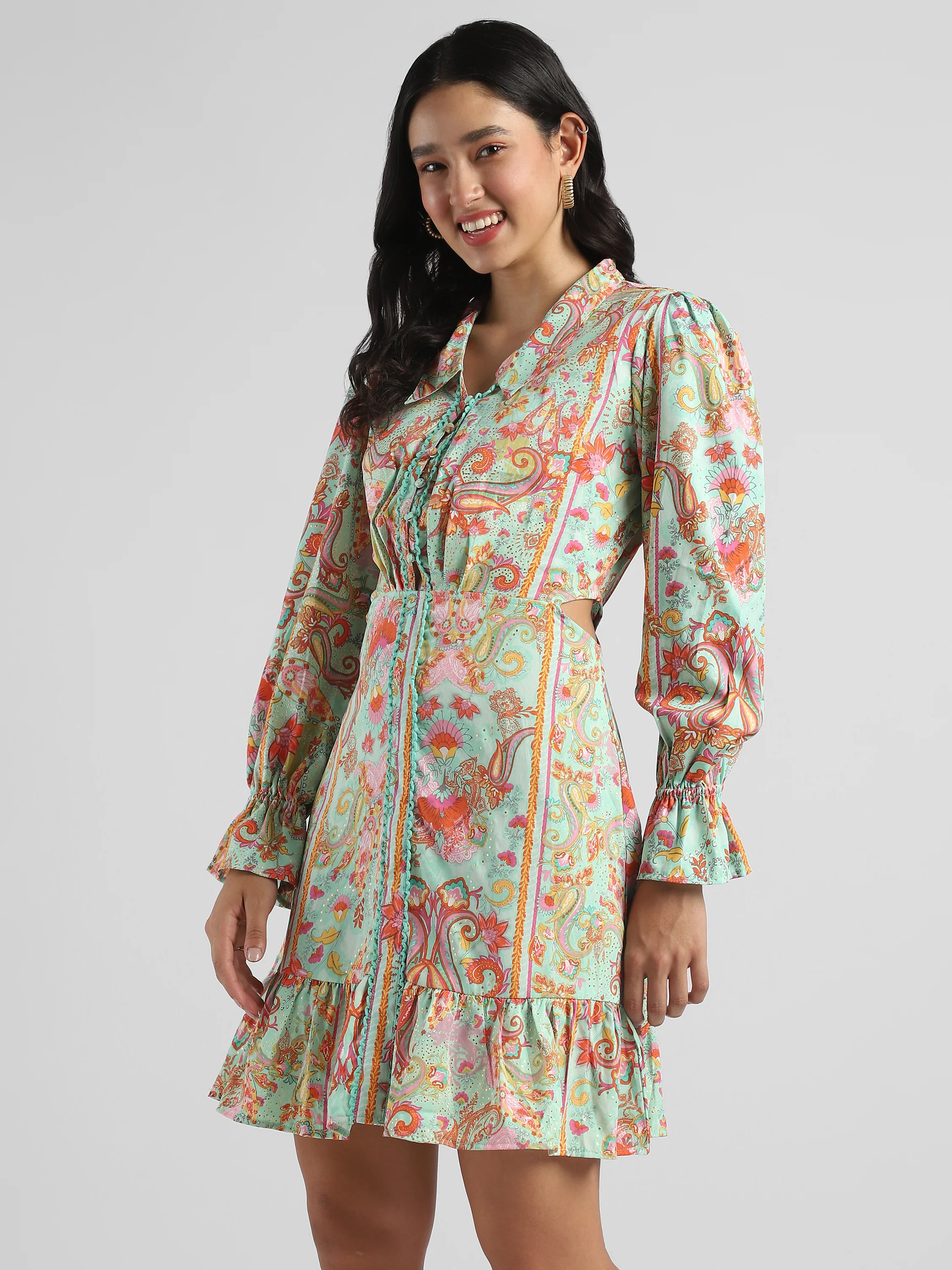 Women Pistachio Green Printed Fit & Flare dress with waist cut out - Image 5
