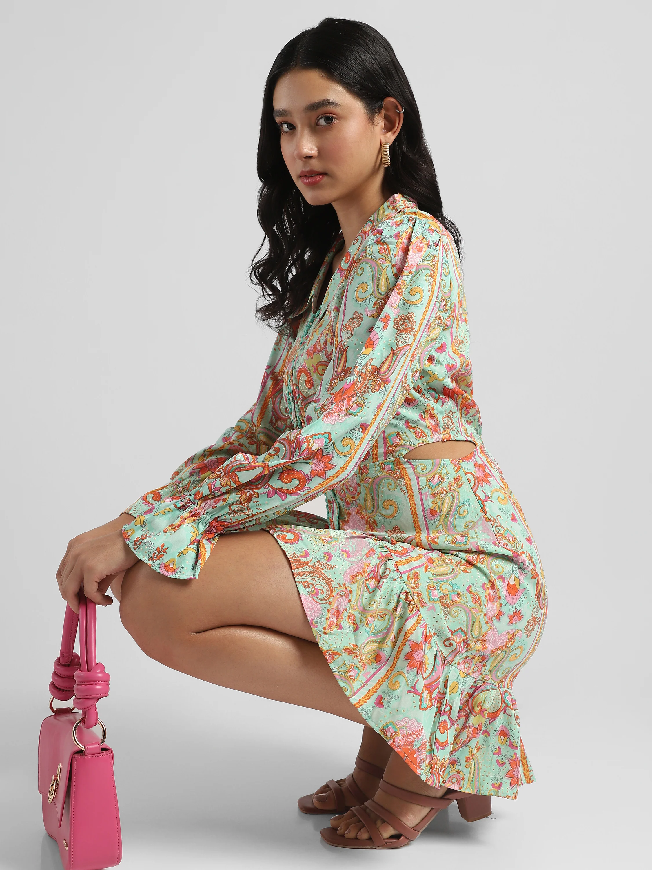 Women Pistachio Green Printed Fit & Flare dress with waist cut out - Image 7