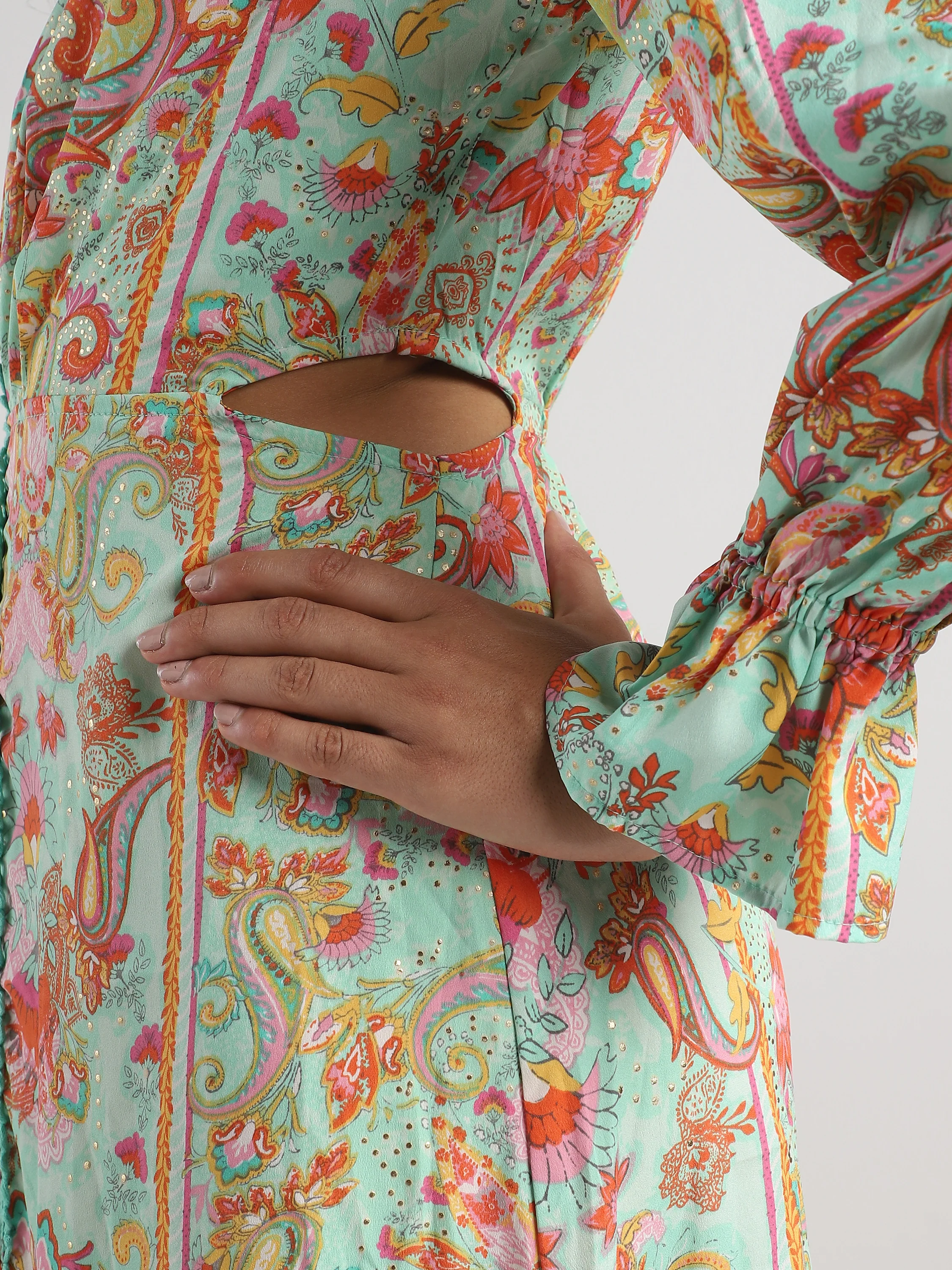 Women Pistachio Green Printed Fit & Flare dress with waist cut out - Image 8