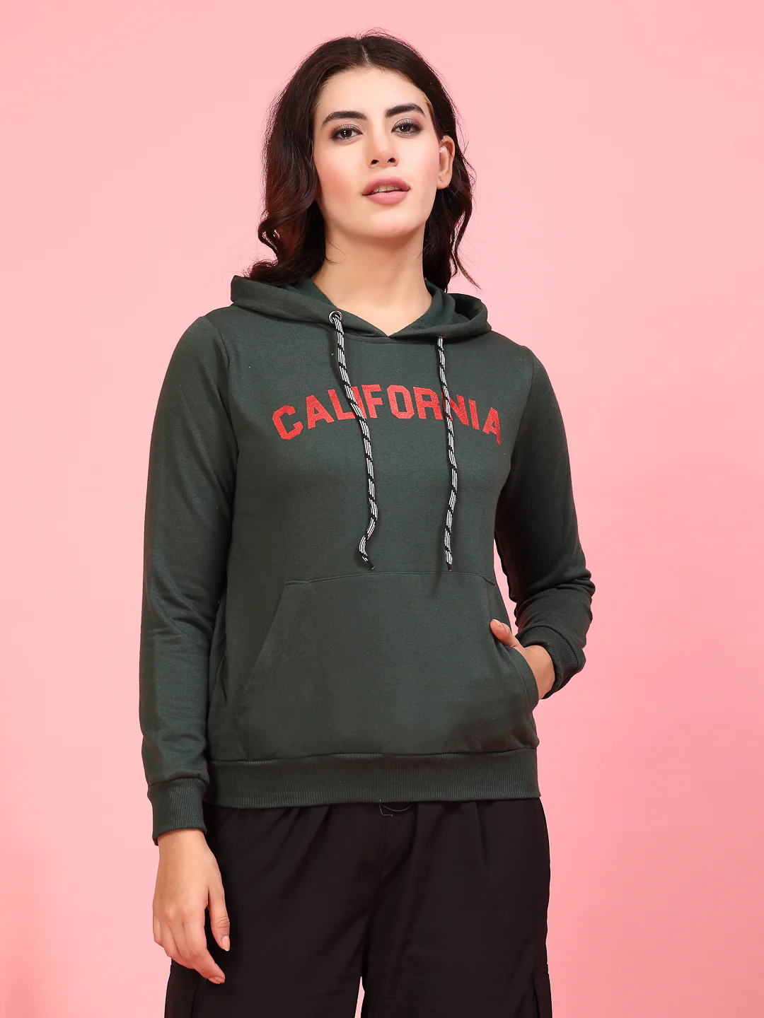 Women Green Printed Hooded Sweatshirt - Image 3
