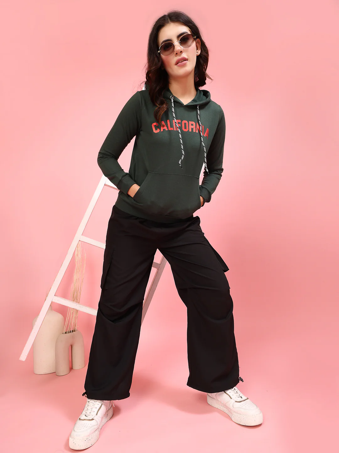 Women Green Printed Hooded Sweatshirt - Image 4