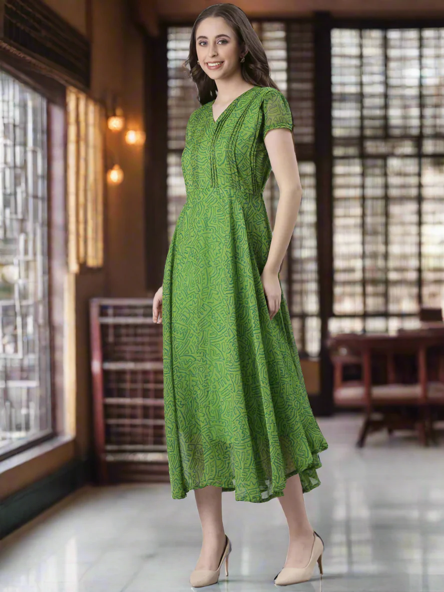 Women Green Printed Midi Dress - Image 3