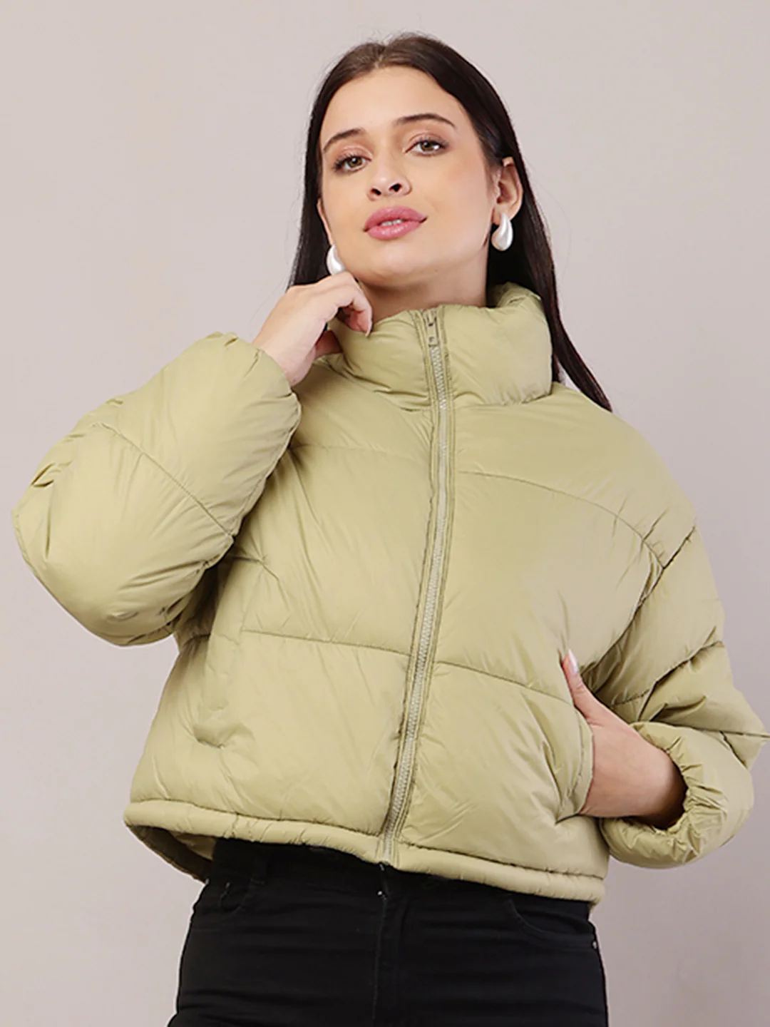 Women Green Puffer Jacket - Image 2