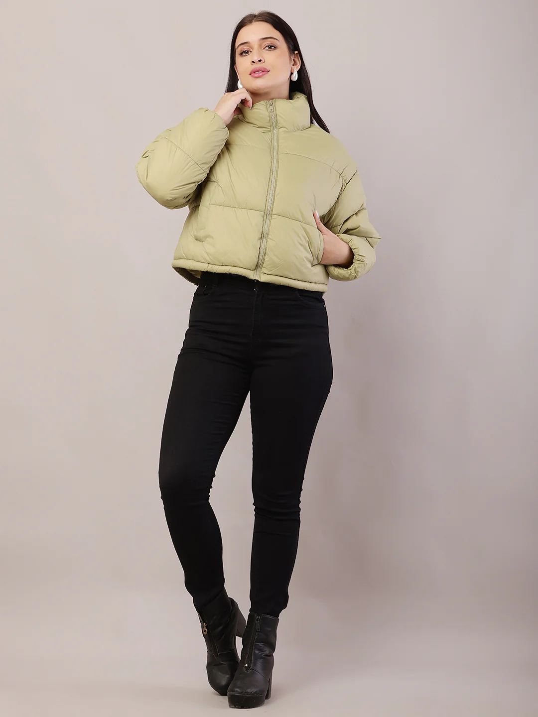 Women Green Puffer Jacket - Image 3
