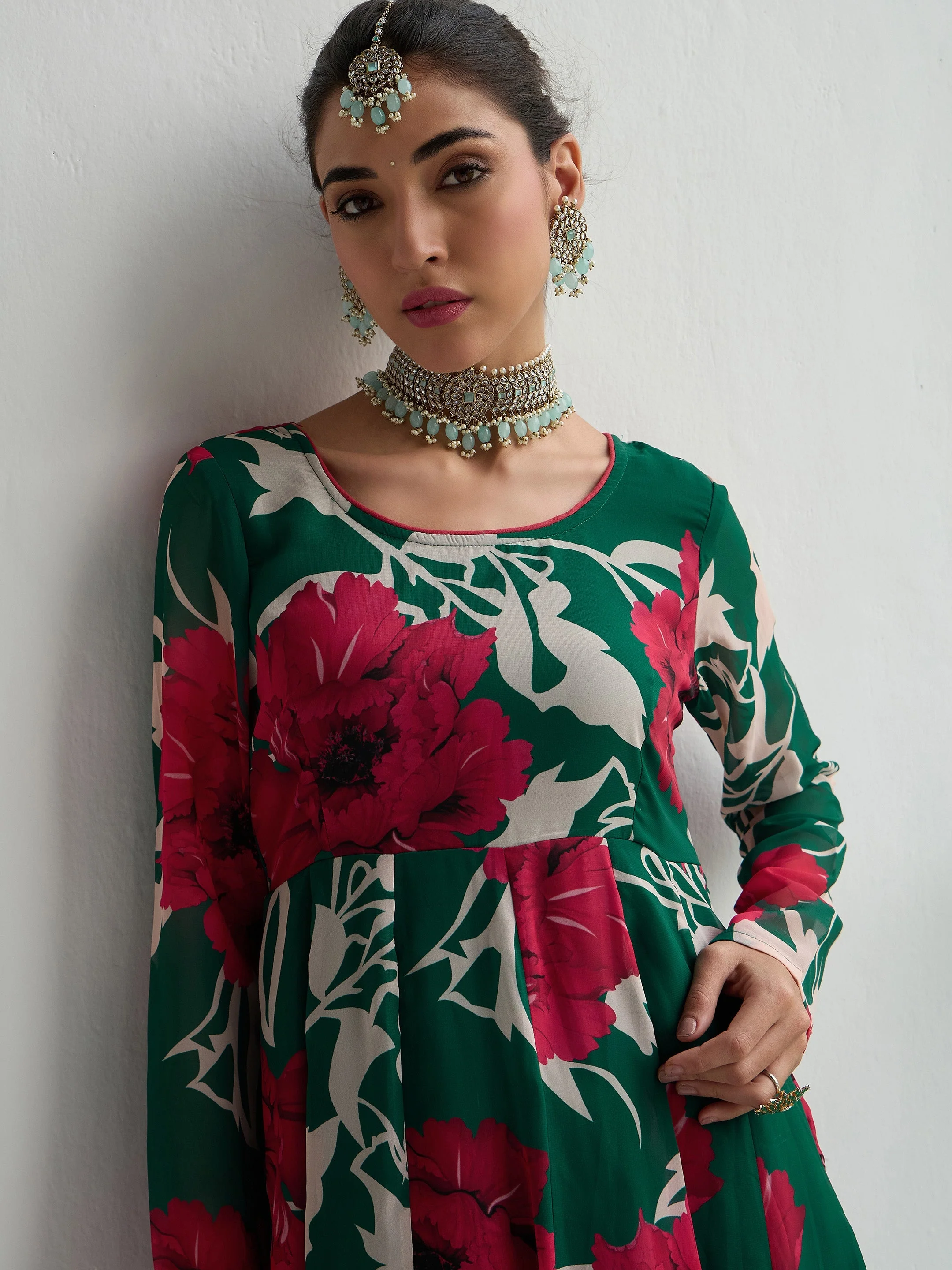 Women Green & Red Floral Anarkali Kurta - Image 4