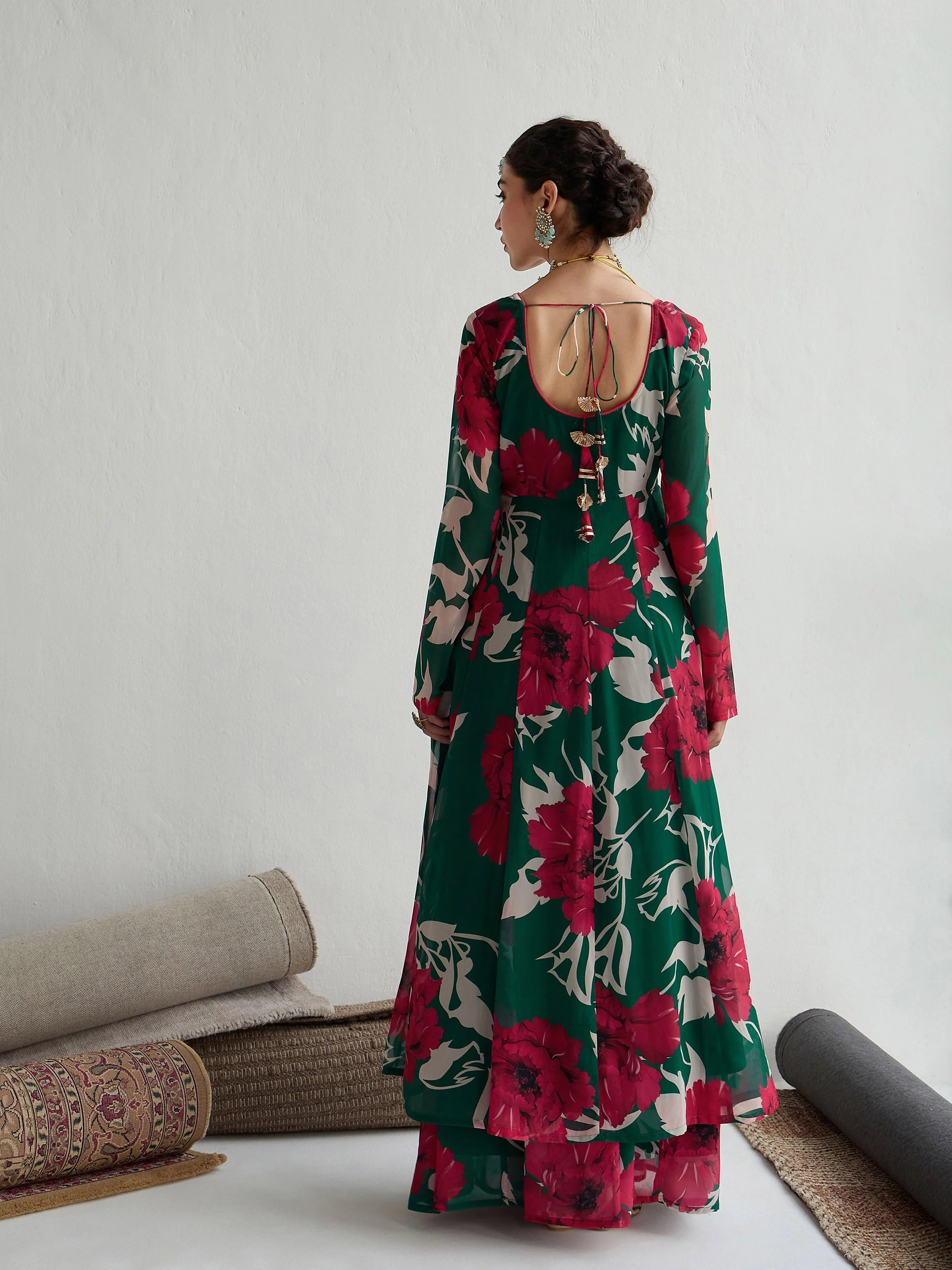 Women Green & Red Floral Anarkali Kurta - Image 5