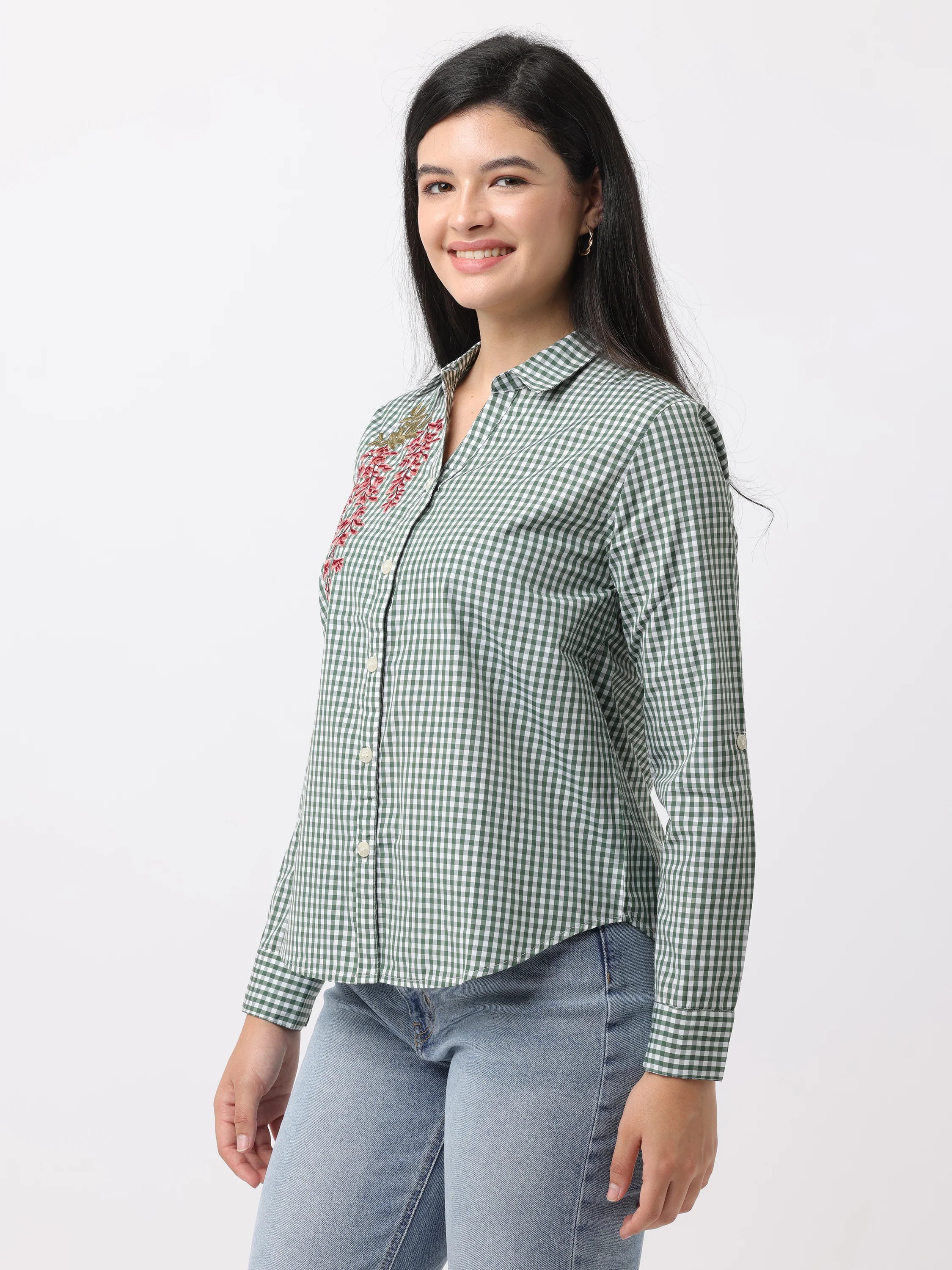 Women Green Regular Fit Checked Shirt - Image 3