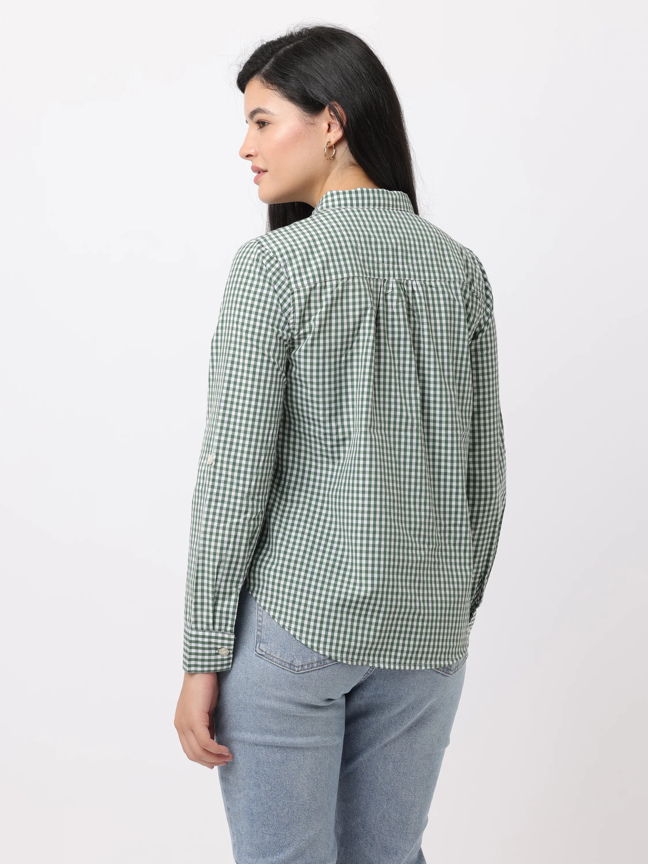 Women Green Regular Fit Checked Shirt - Image 5