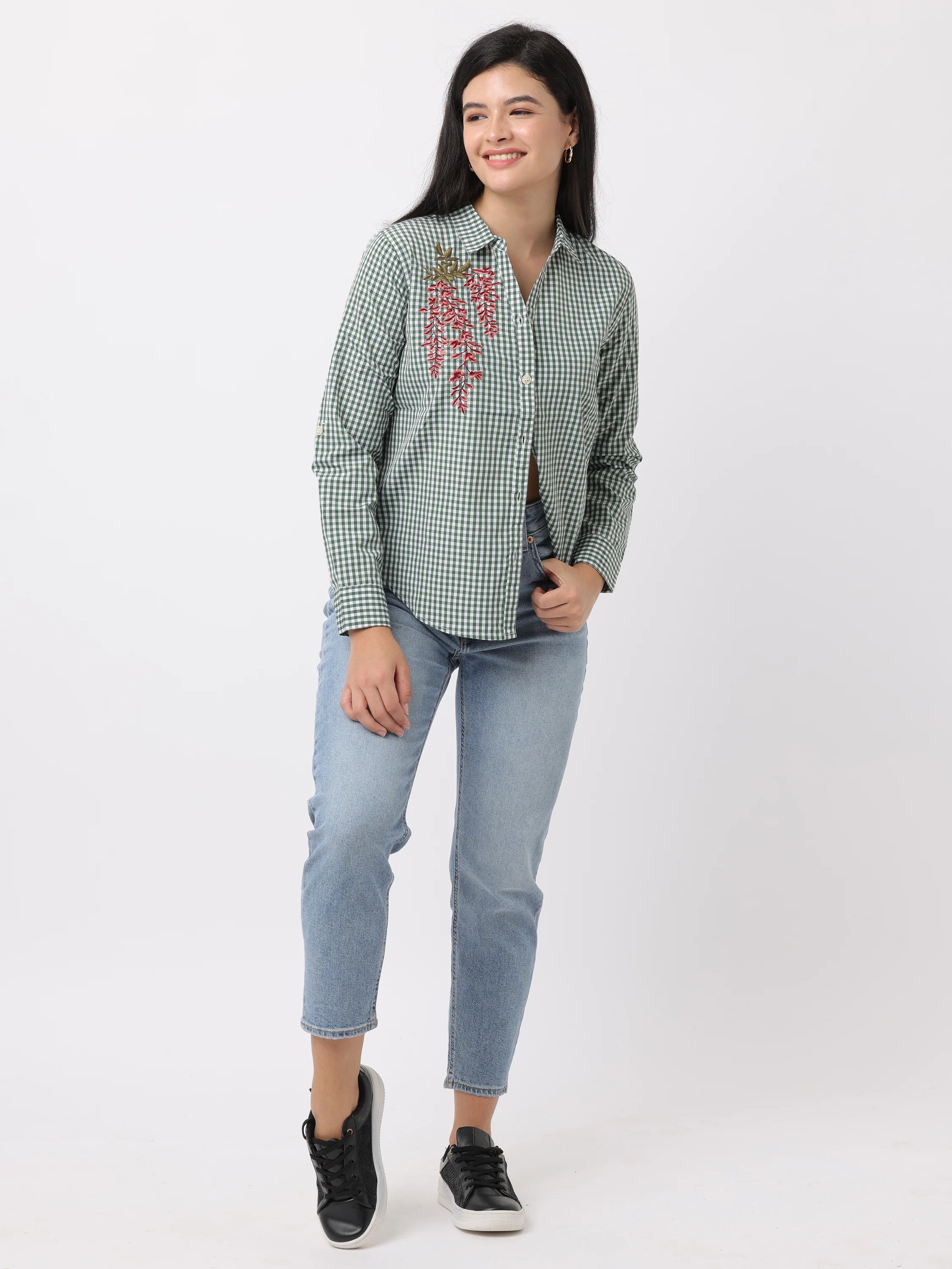 Women Green Regular Fit Checked Shirt - Image 6