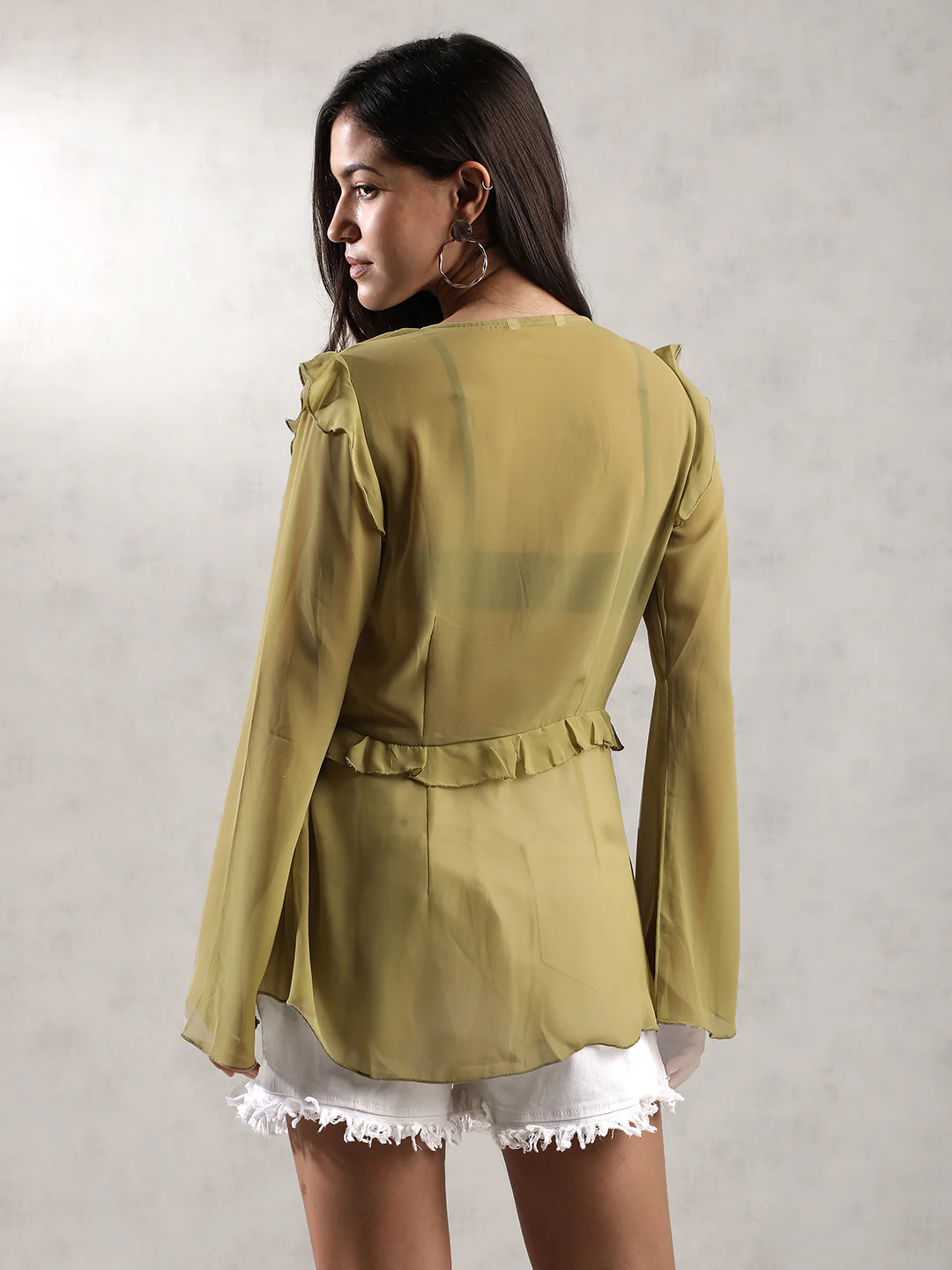 Women Green Front Tie Up Sheer Top - Image 5
