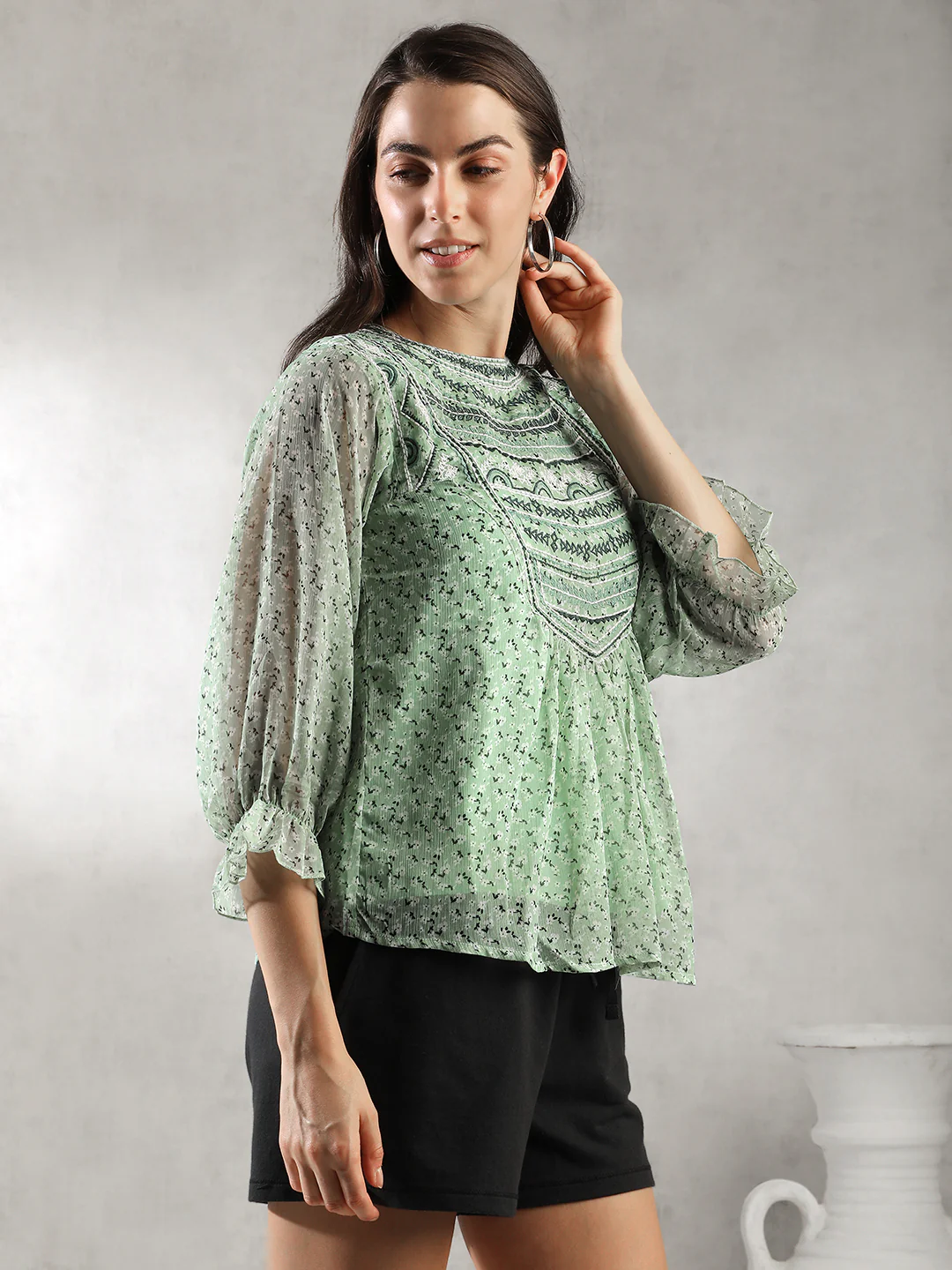 Women Mint Green Embroidered Top - Image 2