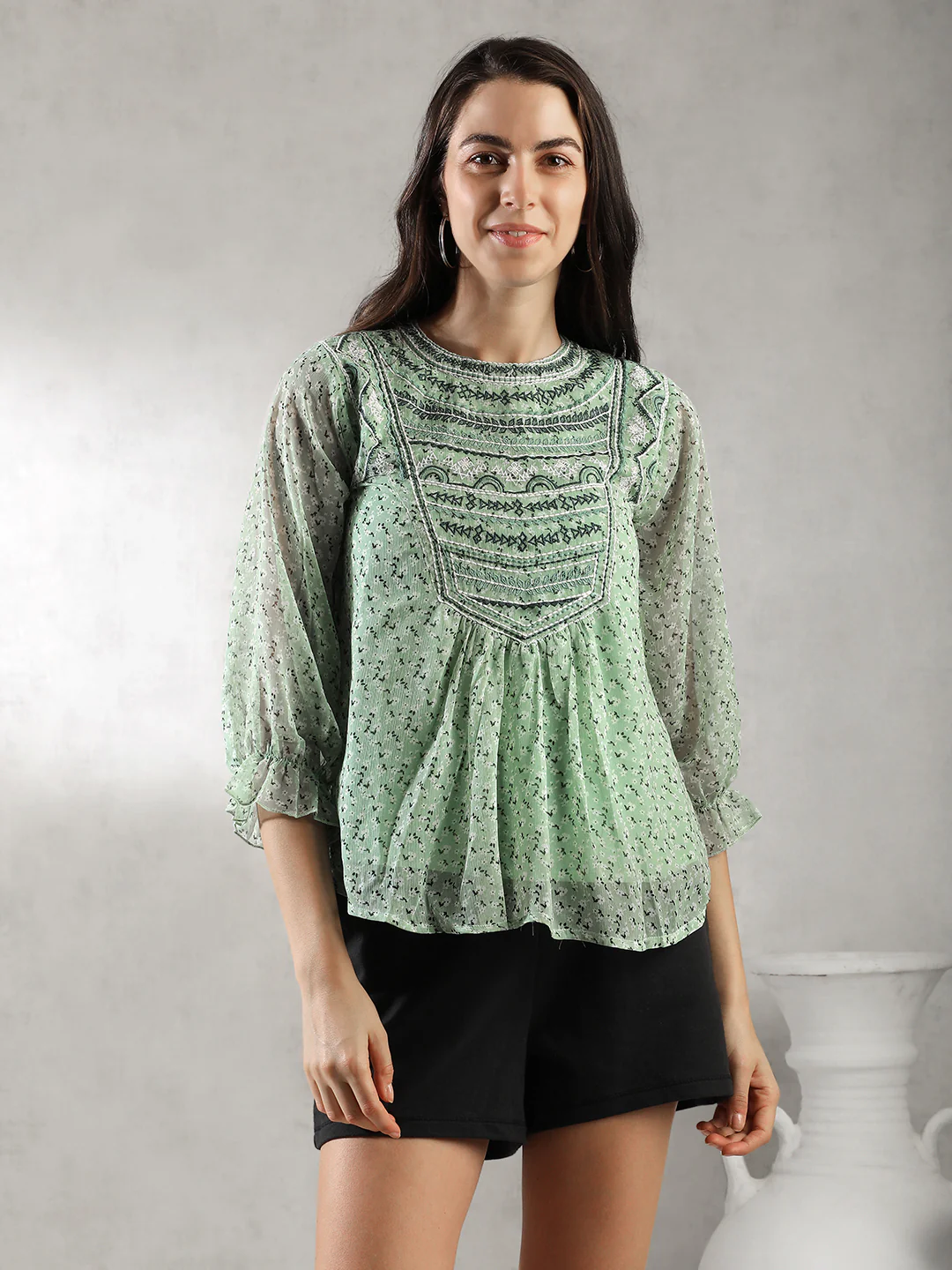 Women Mint Green Embroidered Top - Image 5