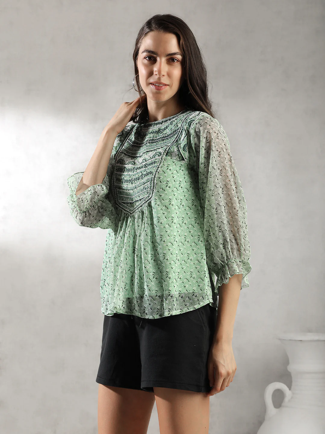 Women Mint Green Embroidered Top - Image 6