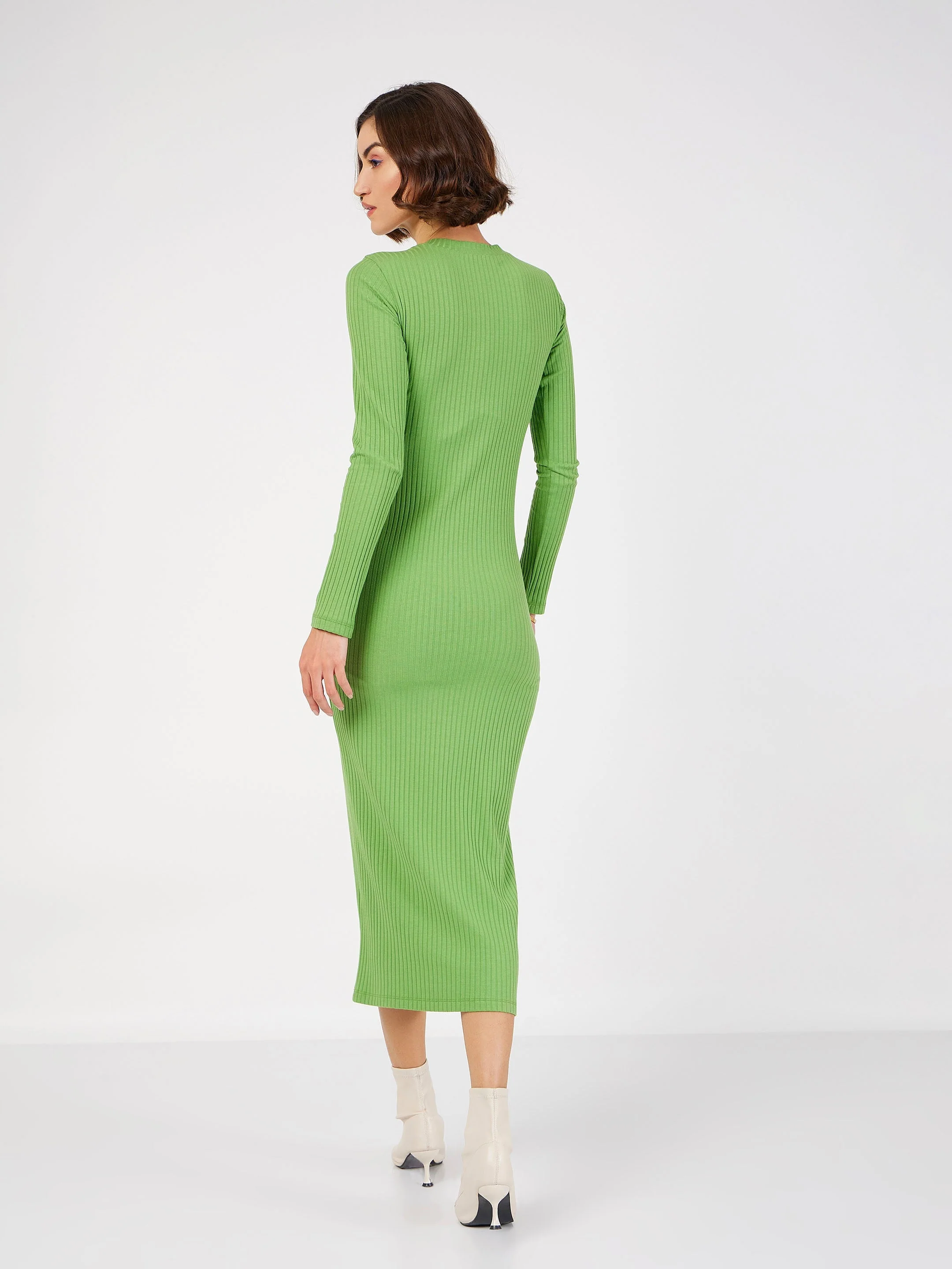 Women Green Rib Bodycon Midi Dress - Image 5