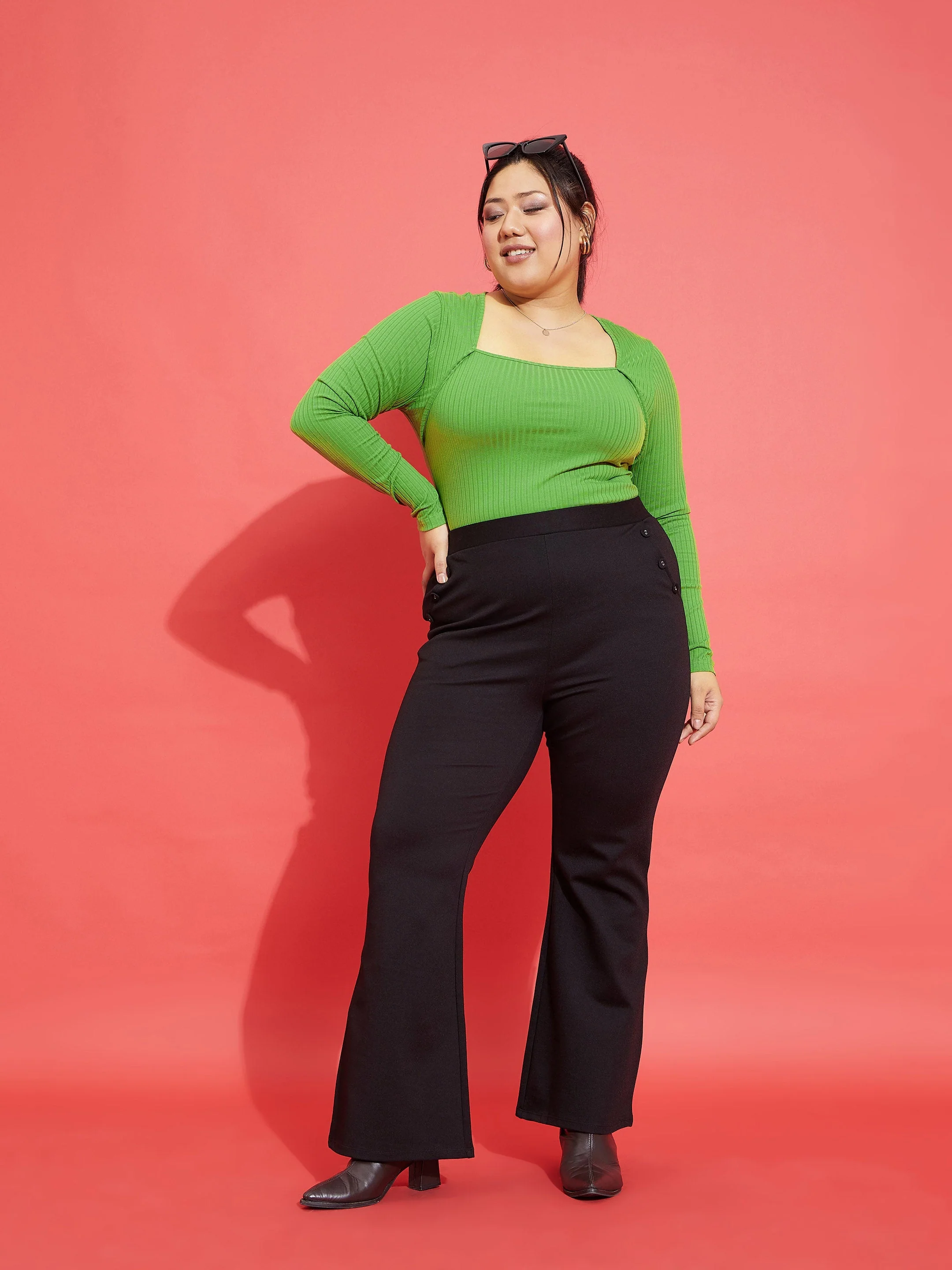 Women Green Rib Empire Neck Top - Image 2