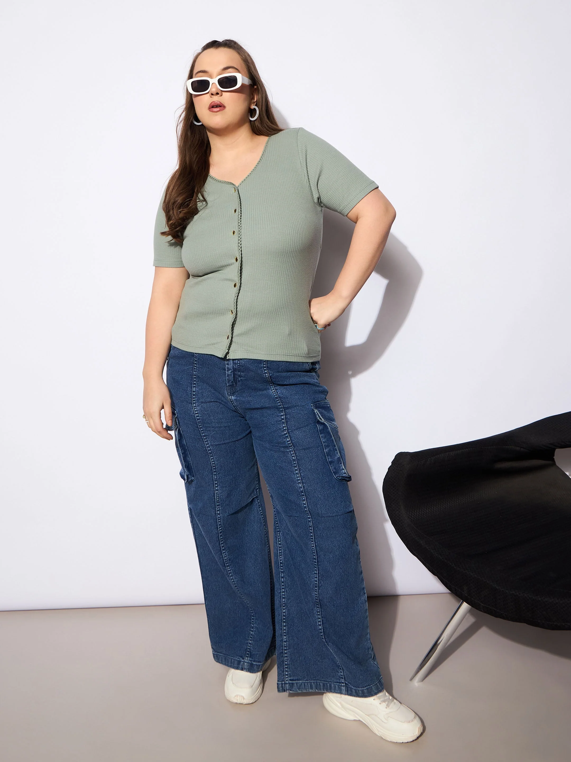 Women Green Rib Front Button Lace Detail Top - Image 2
