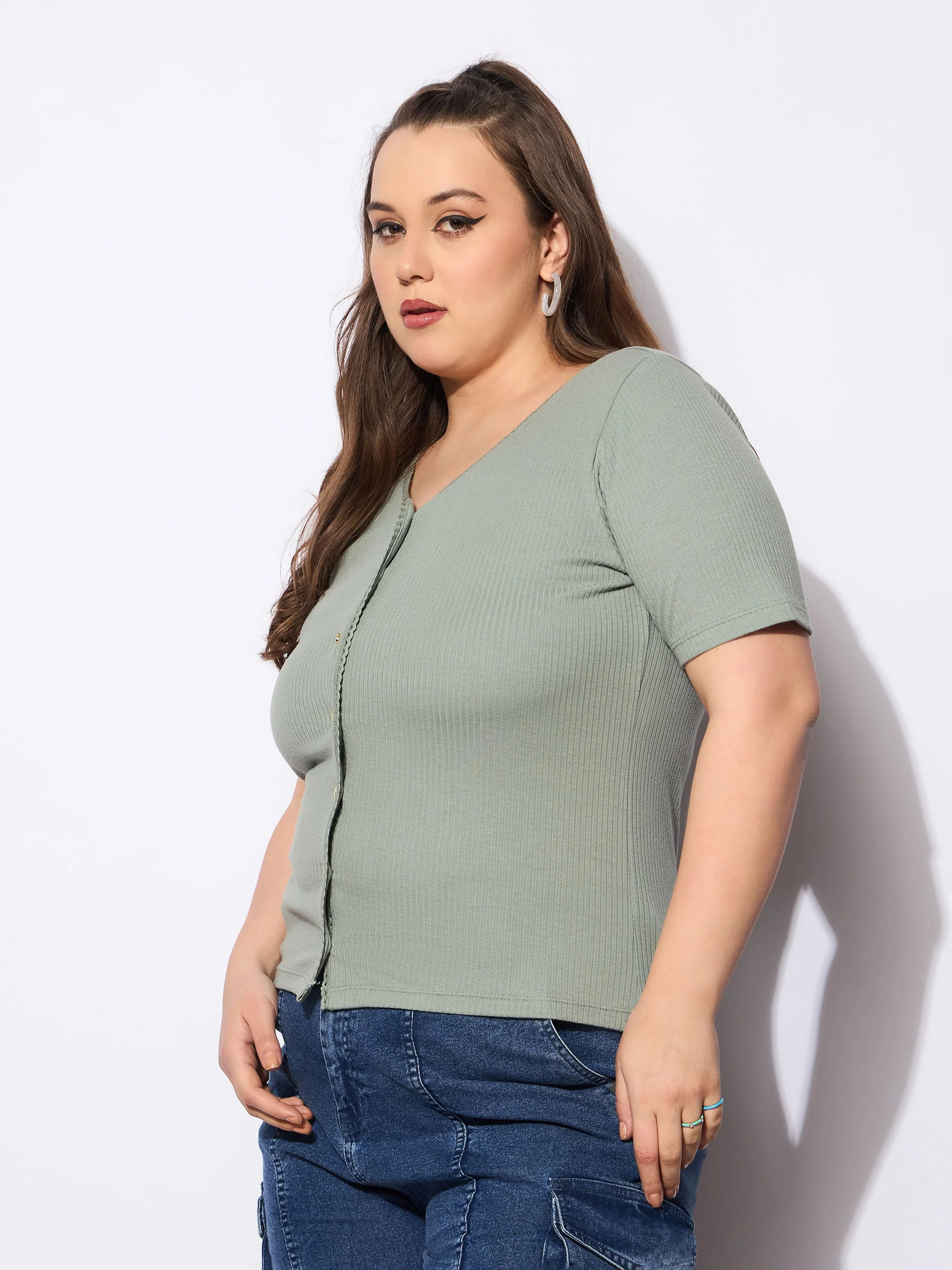 Women Green Rib Front Button Lace Detail Top - Image 3