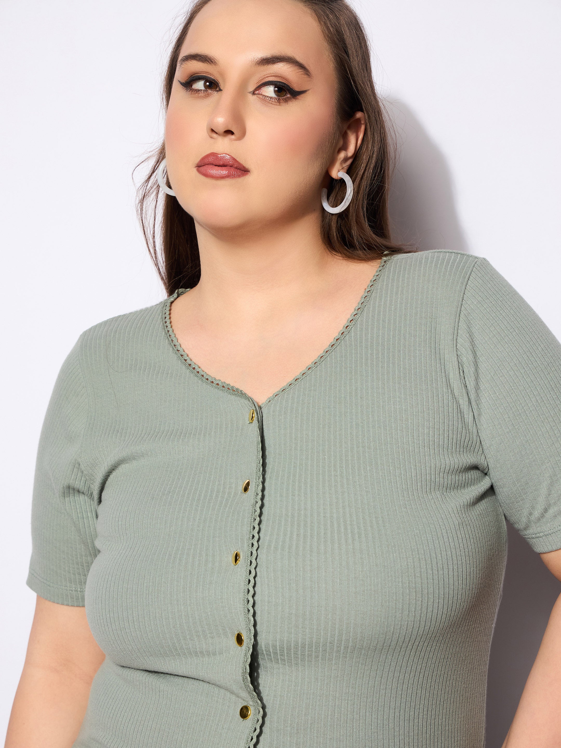 Women Green Rib Front Button Lace Detail Top - Image 4